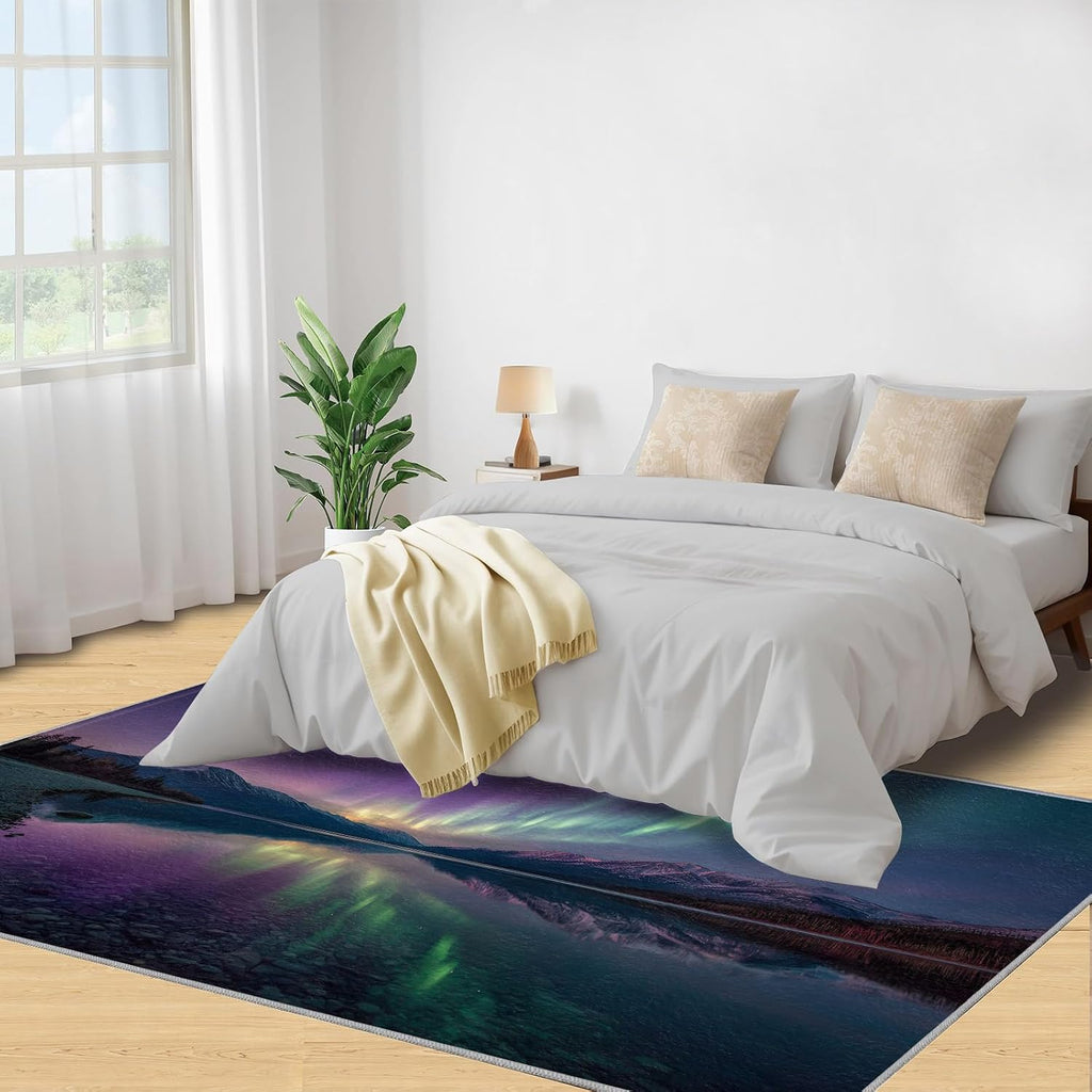 Aurora Rugs for Bedroom, Northern Lights Rug 6x8, Polar Landscapes Dining Room Rugs Washable & Non Slip Large Carpet for Home Decor