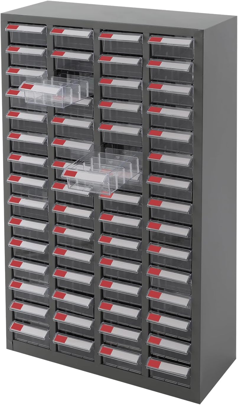 Parts Cabinet with 60 Drawers, Bolt and Nut Tool Storage Cabinet with Partitions&Labels, Steel Garage Storage Cabinet, Part Organization Shelves for Tool Hardware Storage(Clear)