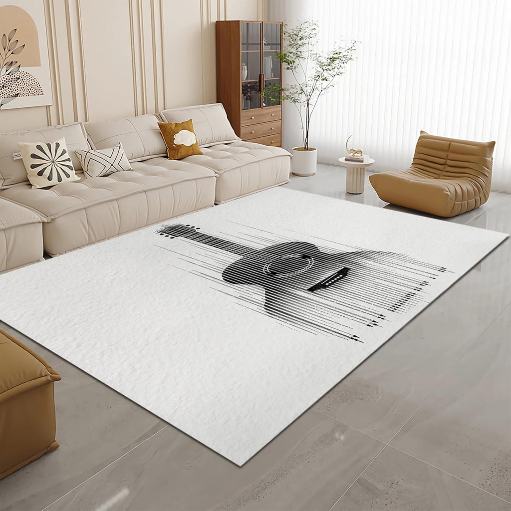 White Washable Area Rug 5' x 7', Abstract Guitar Instrument Black Print Low Pile Carpet 5 x 7 ft Non-Shedding - Non-Slip Robot Vacuum Compatible Rug for Living Room, Office & Home