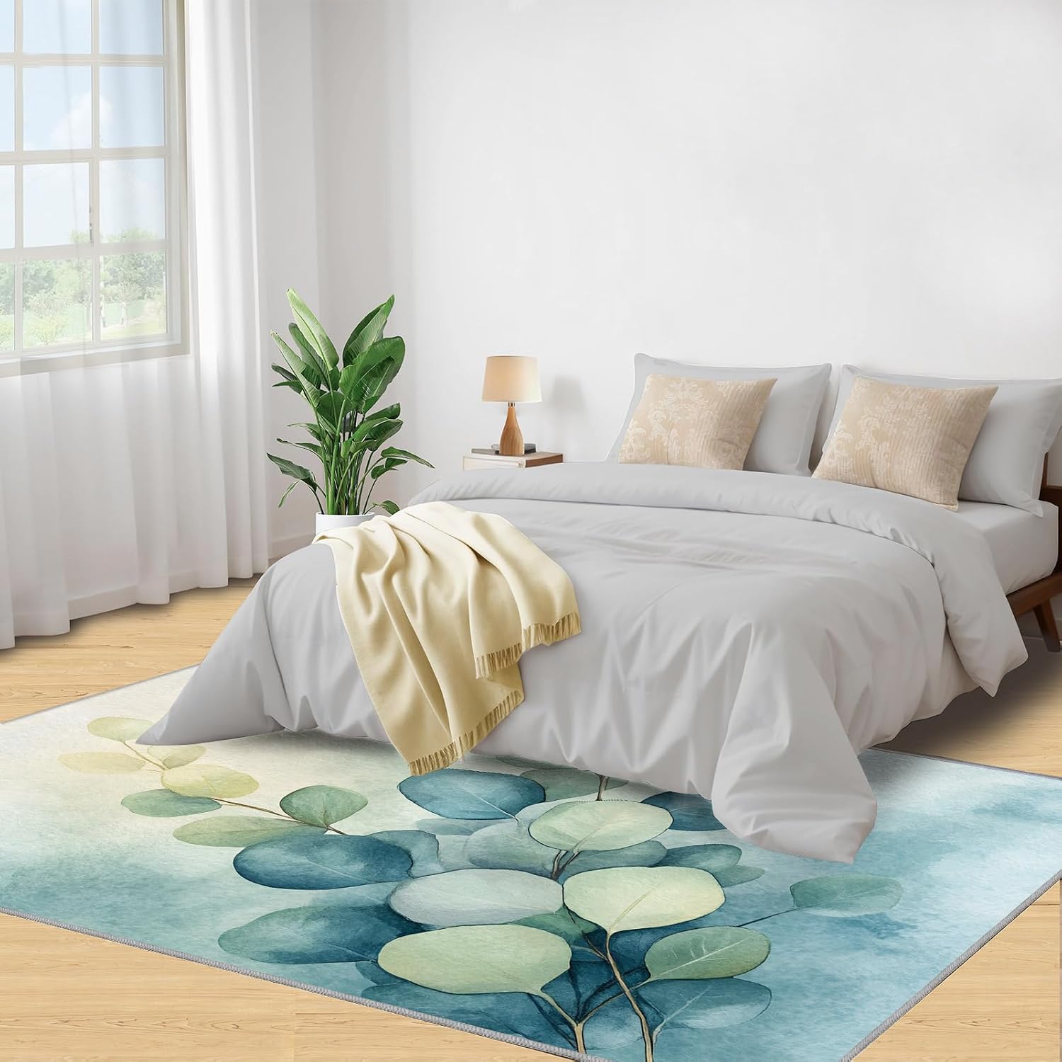Eucalyptus Rugs for Bedroom - 6x8 Area Rug - Vines Rugs for Living Room, Olive Green Rug, Non-Slip Washable Home Decor Carpet