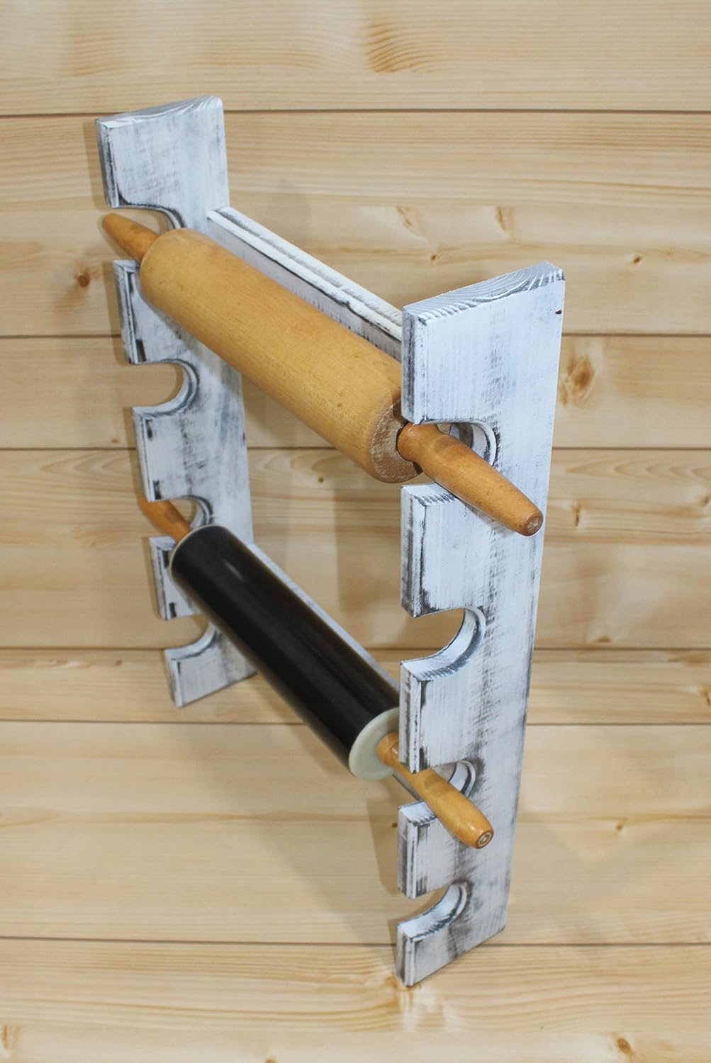 Wooden Rolling Pin Display Rack – Holds 4 Rolling Pins – Wall Mounted Storage for Bakers & Collectors – Antique White Color – Shabby Chic White & Black