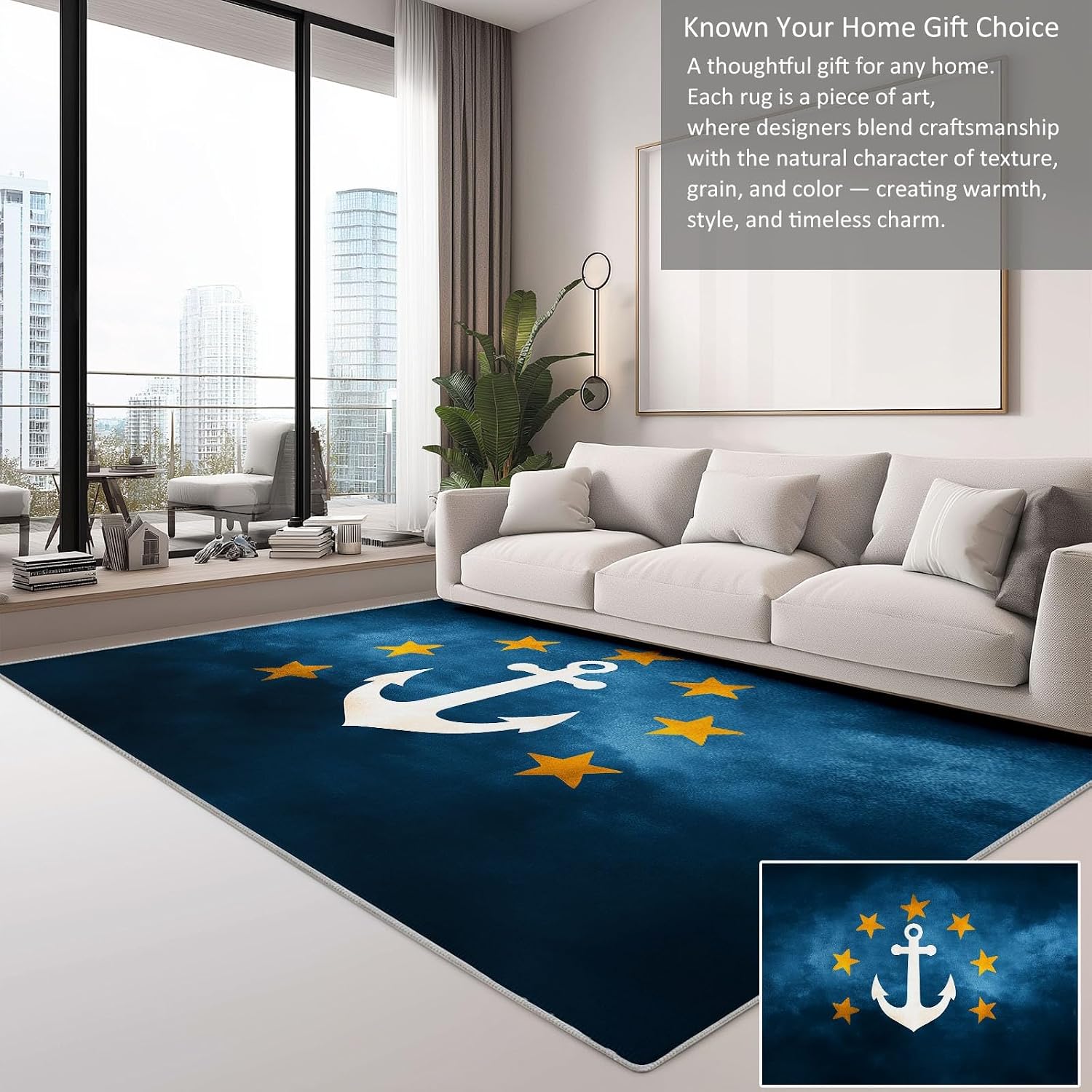 Modern Nautical Theme 5 x 7 ft Area Rug, Retro Stars Gradient Symbols Print Washable Rugs for Living Room - Non-Slip Dining Room Throw Mat Non-Shedding Soft Carpet for Bedside Entry Kitchen