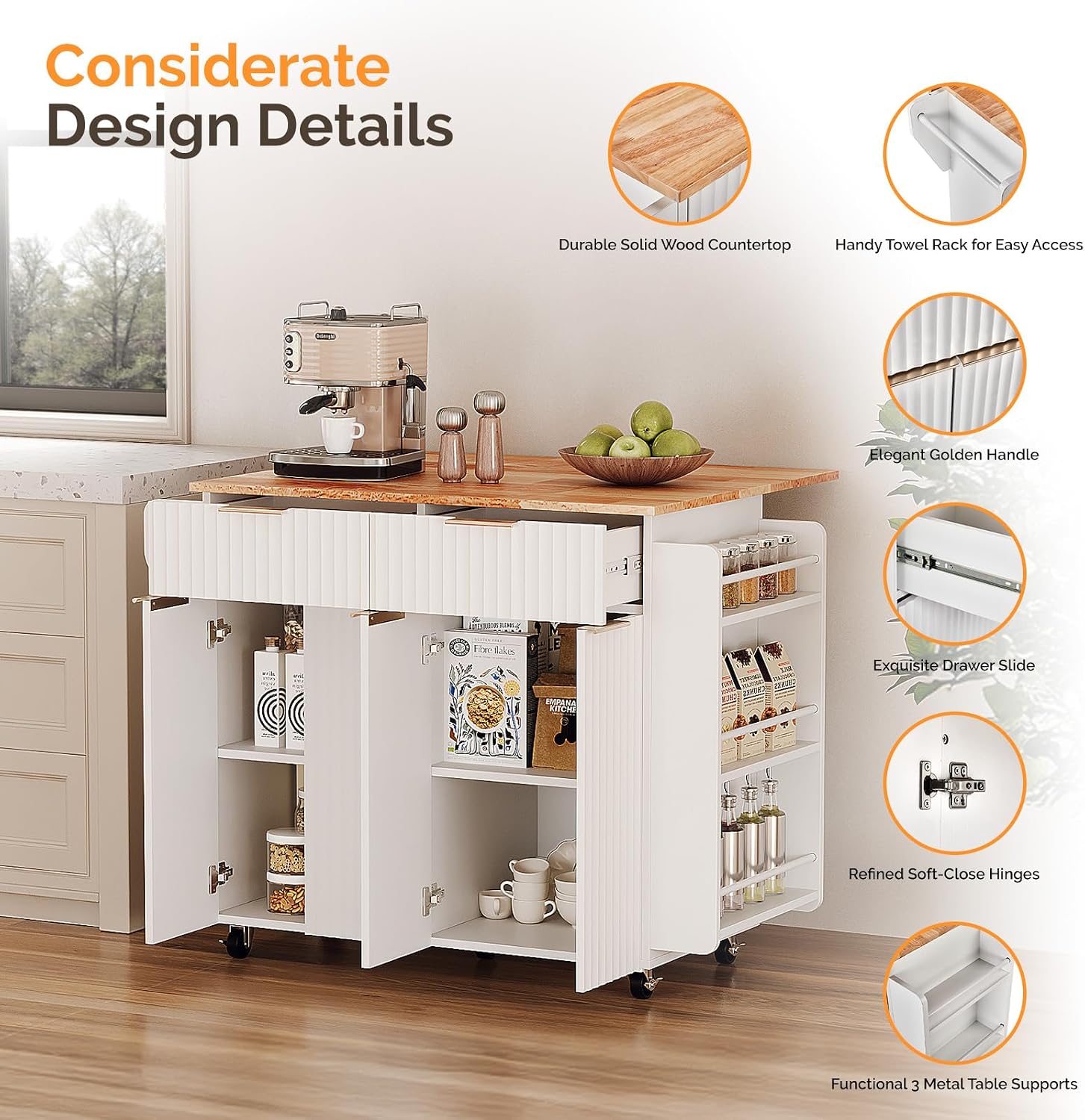 VINGLI Fluted Large Kitchen Island Cart with 2 Draws & 4 Doors, White | Drop-leaf Toptable, Adjuestable Shelves, Towel Bar, 3-tier Side Storage Rack, 360° Rolling Design