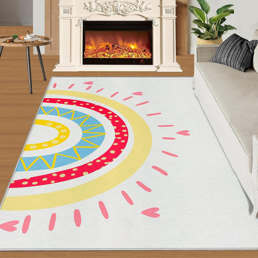Abstract Rainbow and Heart Area Rug, Colorful Modern Boho Rugs for Living Room, Indoor Non-Slip Kids Rugs, Machine Washable Breathable Durable Carpet for Front Entrance Floor Decor,6 x 8ft