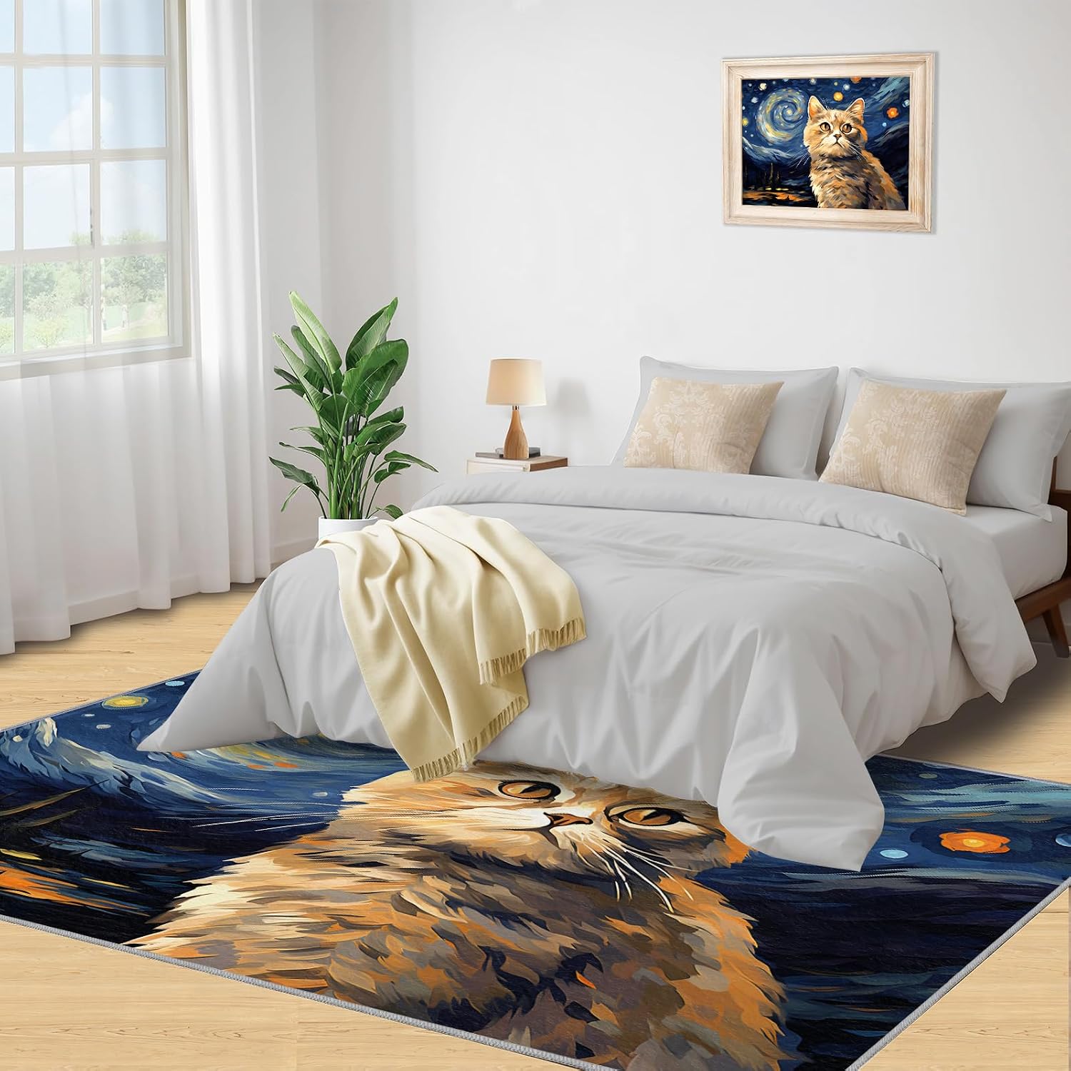 6x8 Area Rug - Starry Sky Golden Gradient Cat Large Rugs for Living Room, Post-Impressionist Art Painting Carpet Area Rug for Girls Bedroom Kids Room Basement Office Classroom