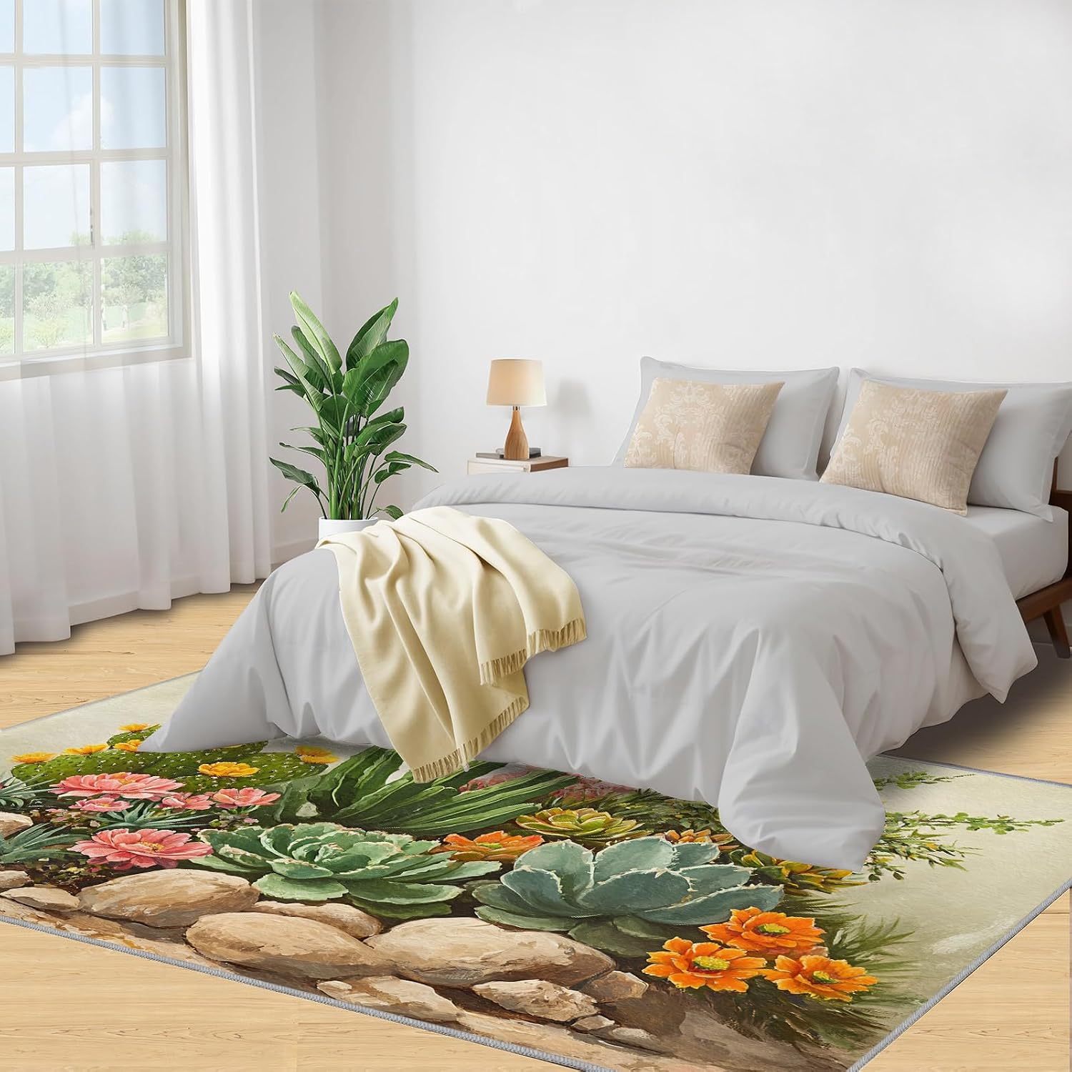 Flowers Rug 6x8, Cactus Area Rug, Desert Plants Rugs for Living Room, Decor Rugs for Bedroom, Low Pile Non Slip Carpet