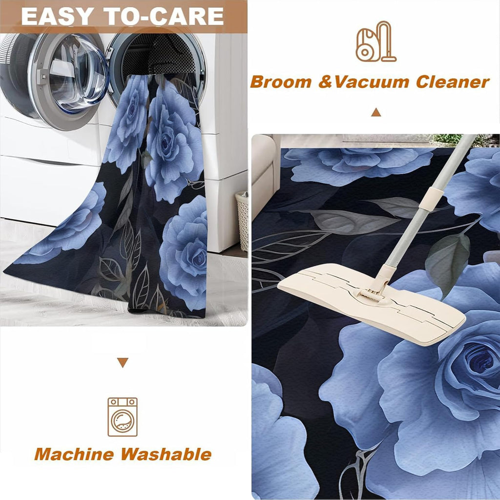 Blue Roses Black Leaves Area Rug, Modern Light Luxury Indoor Non-Slip Kids Rugs, Machine Washable Breathable Durable Carpet for Room Sofa Living Room Mat Bedroom Home Decor Floor Mats,6 x 8ft