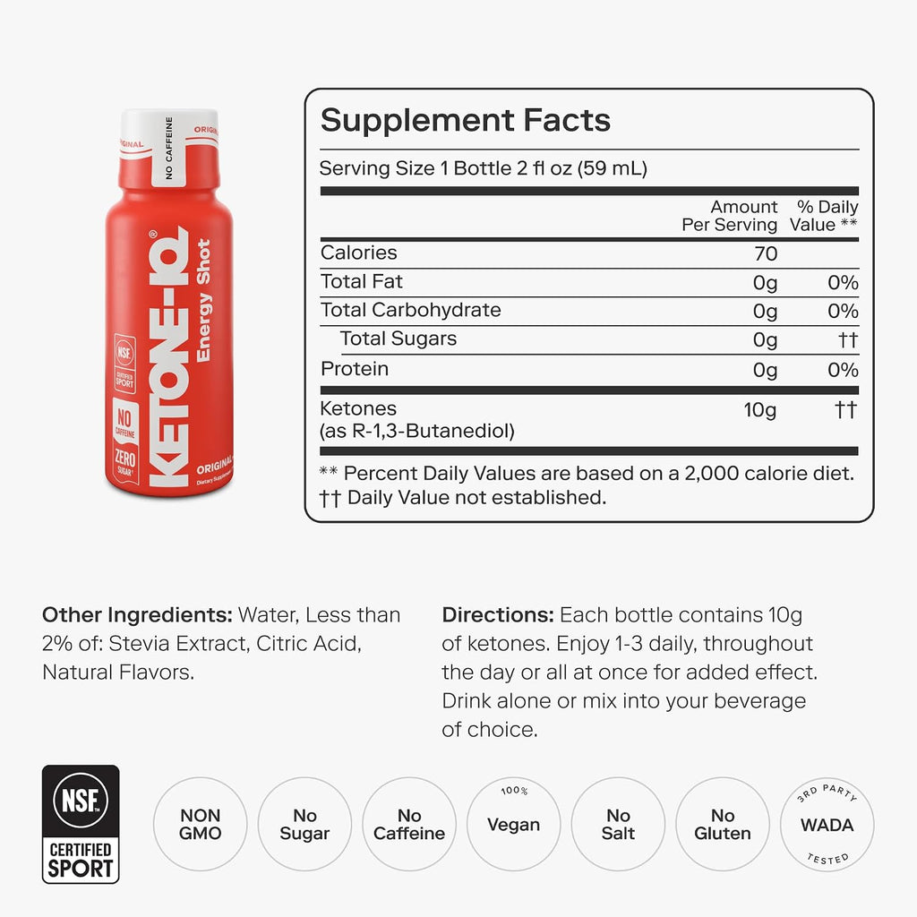 Ketone-IQ No Caffeine Exogenous Ketones Energy Shots - 24 Pack of Caffeine Free Energy Drinks with 10g Ketones - Sugar Free, Salt Free, and All Natural (Original)