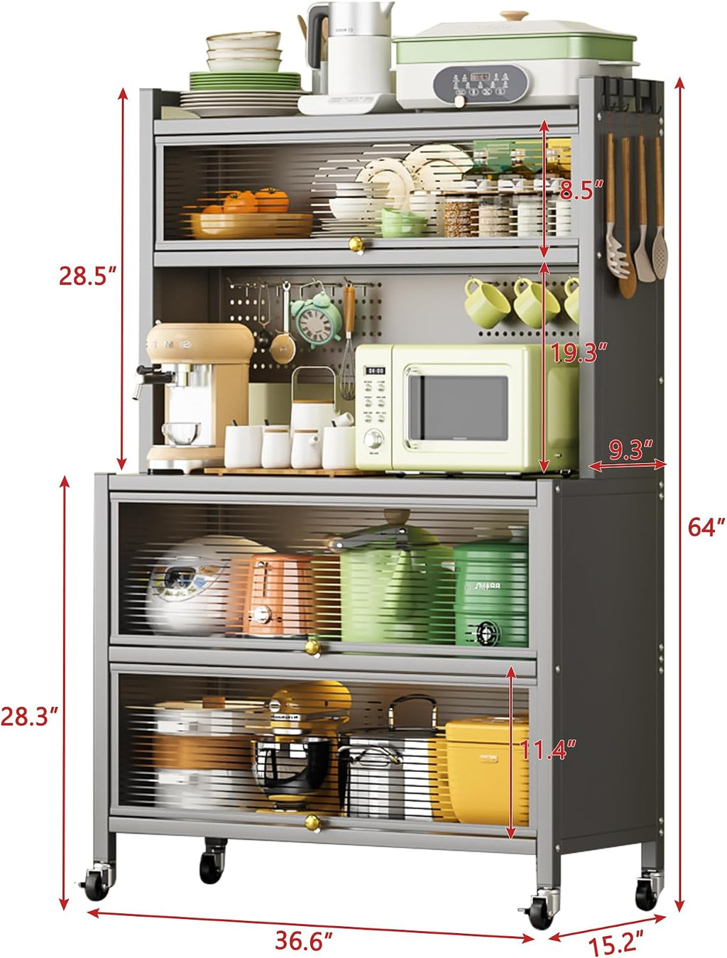 64' Kitchen Pantry Cabinet, Tall Storage Cabinet with Glass Doors and Wheels, Bakers Rack Countertop, Microwave Oven Shelf Cabinet, Cabinet Cupboard for Kitchen, Living Room, Dining Room (Grey)