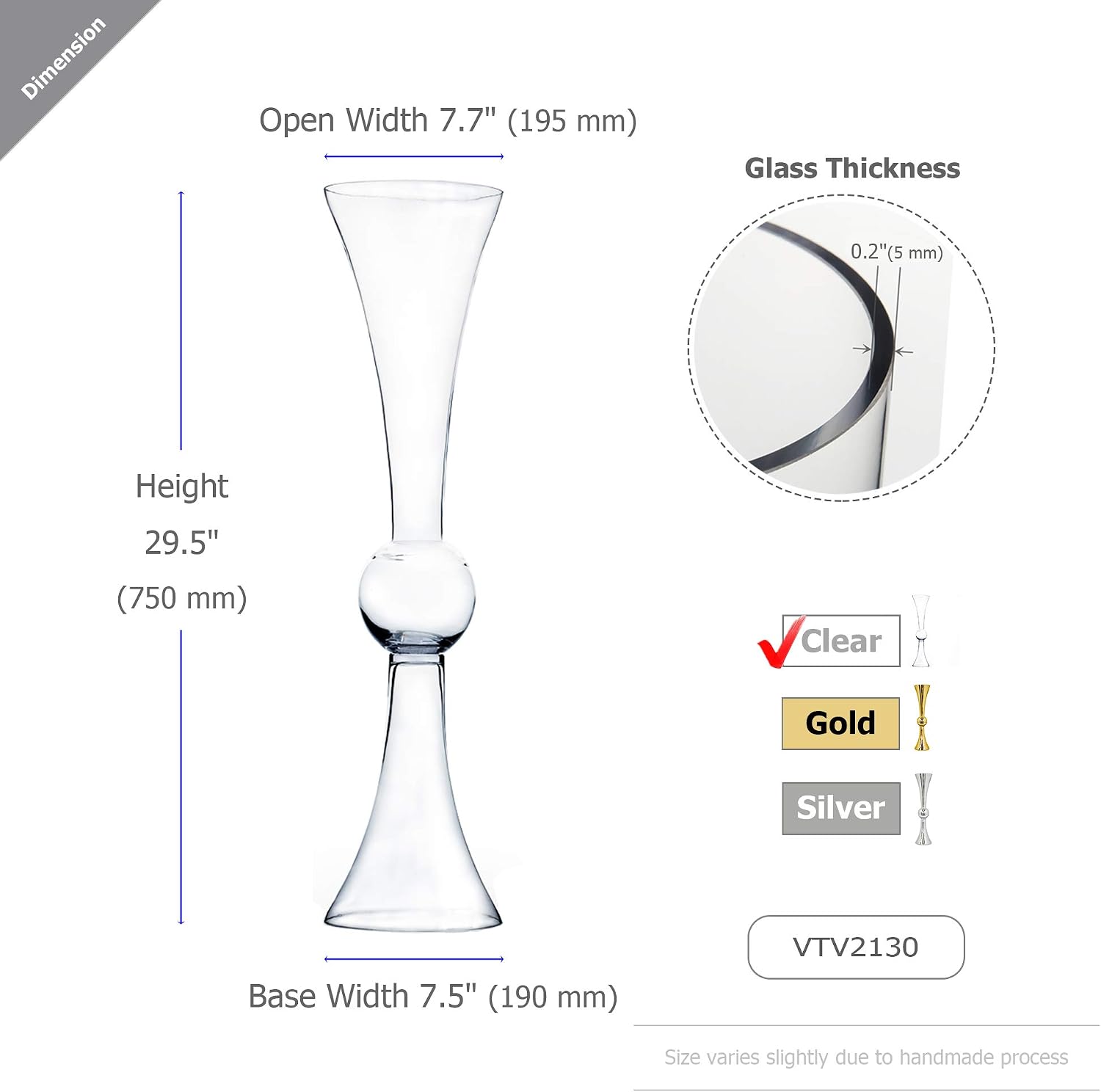 WGV Tall Trumpet Vase Bulk, Open 7.5', Height 30', Base 7.5', (Multiple Size/Color Choices) Clear Reversible Latour Floral Wedding Centerpiece Home Event Decor, 2 Pieces (VTV2130)