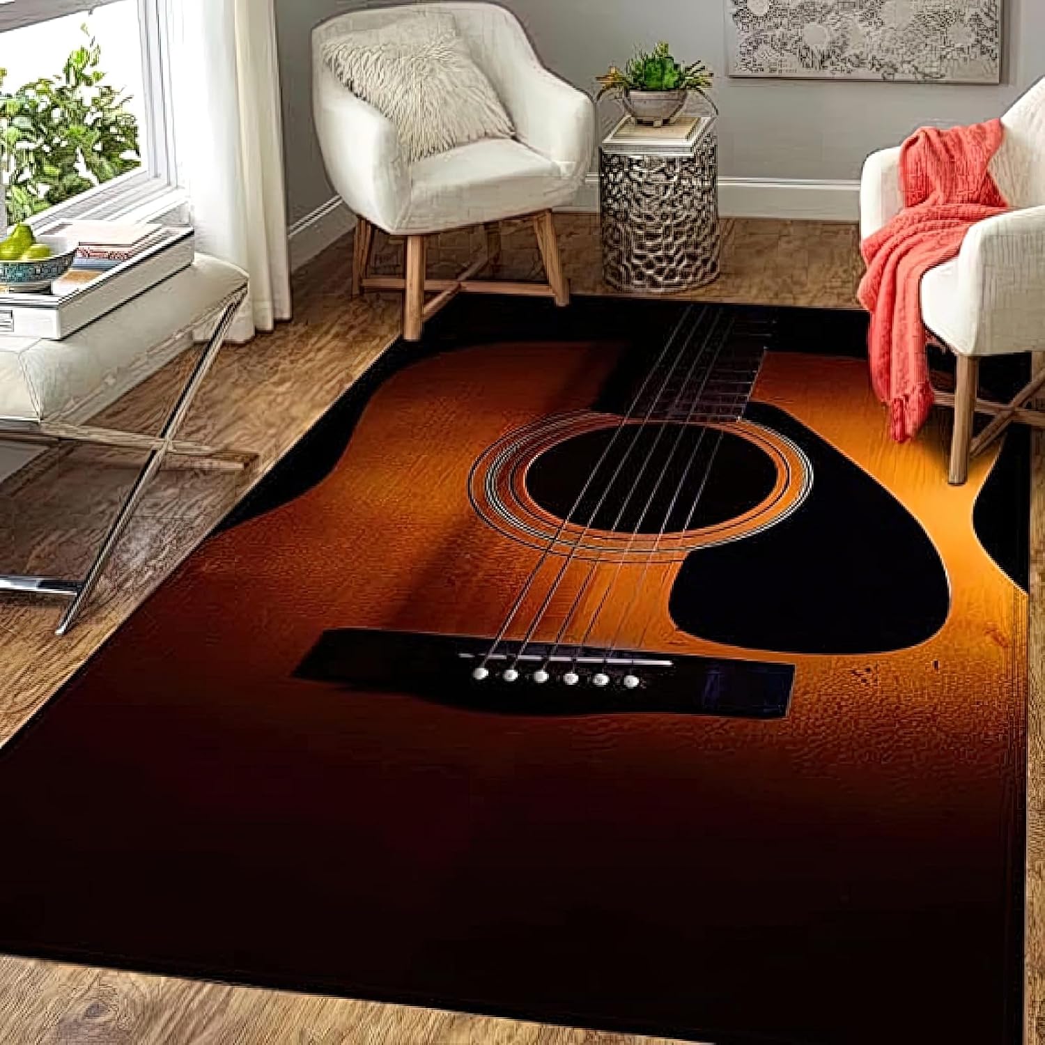 Acoustic Guitar Area Rug 5x7ft Vintage Guitars Music Lovers Living Room Rugs, Indoor Non-Slip Kids Rugs, Machine Washable Breathable Durable Carpet for Bedroom Study Front Entrance Floor Decor