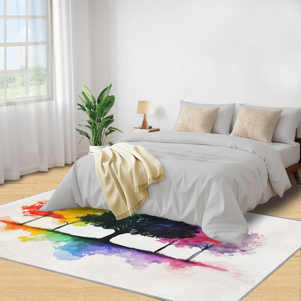 Rainbow Tree Rugs for Bedroom - 6x8 Rug, Watercolor Area Rugs for Living Room, Tree of Life Carpet, Aesthetic Washable Area Mat, Modern Carpet, Trees Home Decor & Gifts