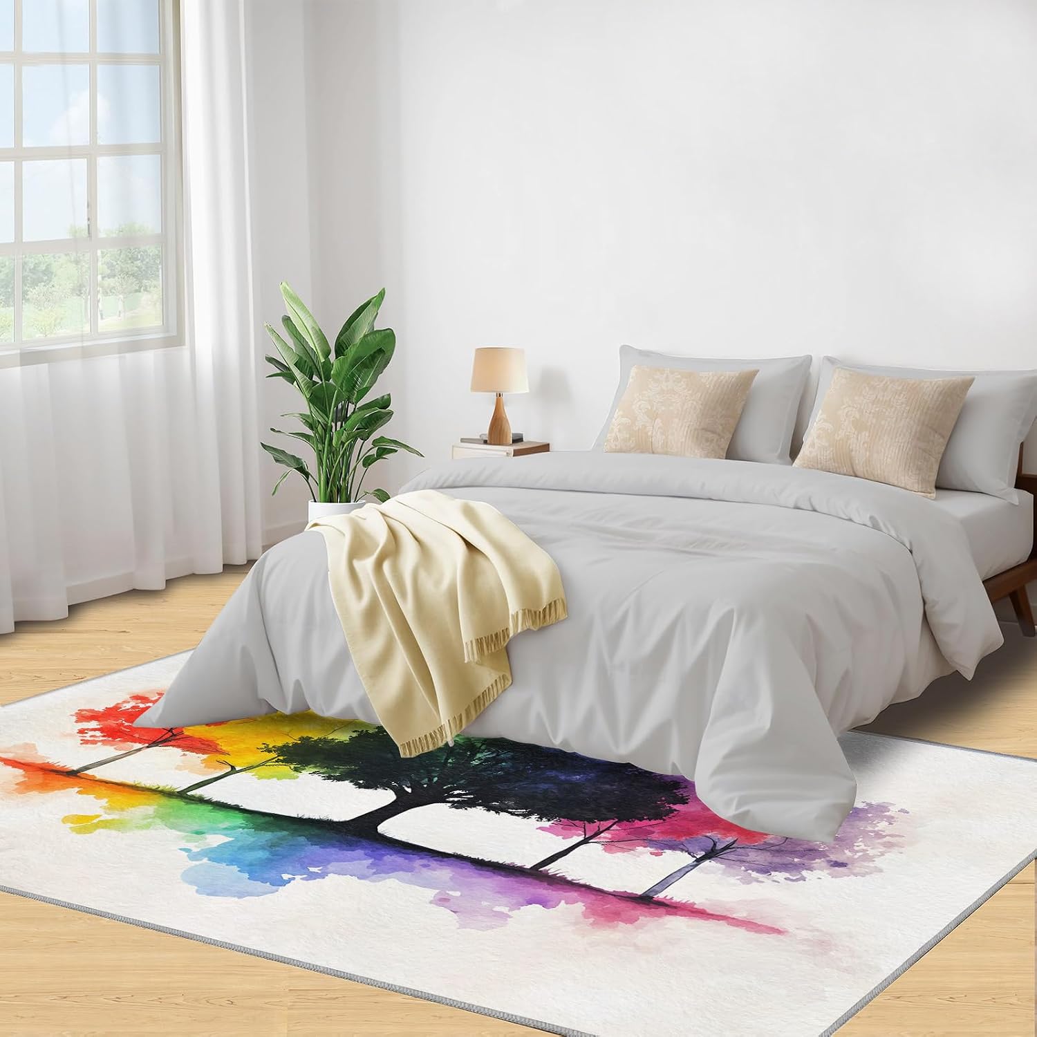 Rainbow Tree Rugs for Bedroom - 6x8 Rug, Watercolor Area Rugs for Living Room, Tree of Life Carpet, Aesthetic Washable Area Mat, Modern Carpet, Trees Home Decor & Gifts