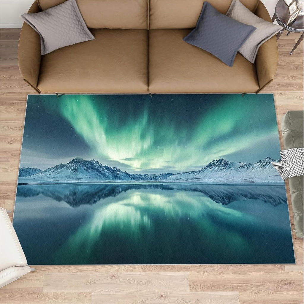 Northern Lights Rugs for Bedroom - 6x8 Rug, Aurora Borealis Area Rugs for Living Room, Mountain Carpet, Landscape Carpet, Washable Mat, Northern Lights Home Decor & Gifts