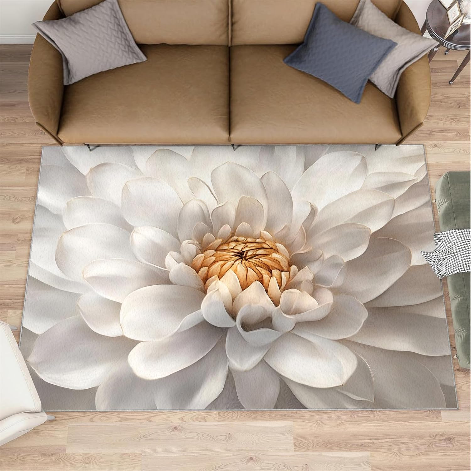 Dahlia Area Rug Large - 6x8 Rug, Floral Rugs for Living Room, White Flower Carpet, Modern Floral Washable Area Rugs for Bedroom, Aesthetic Carpet, Dahlia Home Decor