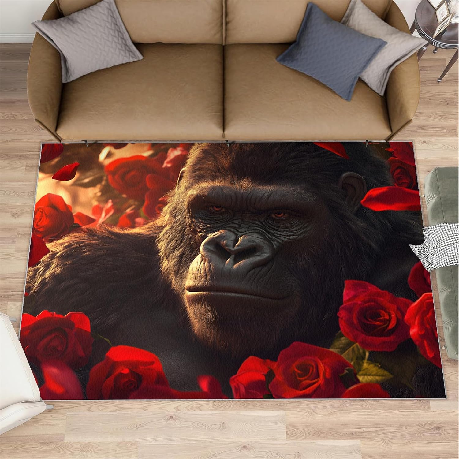 6x8 Gorilla Area Rug - Chimpanzee Large Rugs for Living Room, Romantic Red Roses Gorilla Carpet Area Rug for Girls Bedroom Kids Room Basement Office Classroom