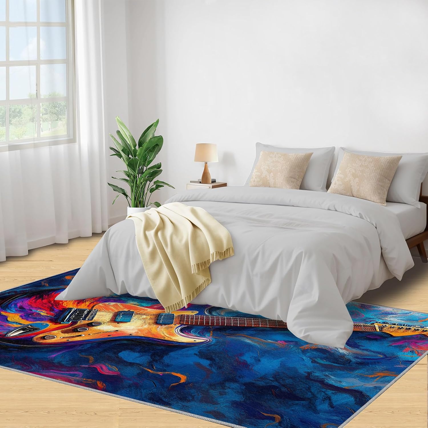 Electric Guitar Rug for Kids Room, Rock Guitar Rug 5x6, Colorful Music Bedroom Rugs Washable & Non Slip Carpet for Home Decor