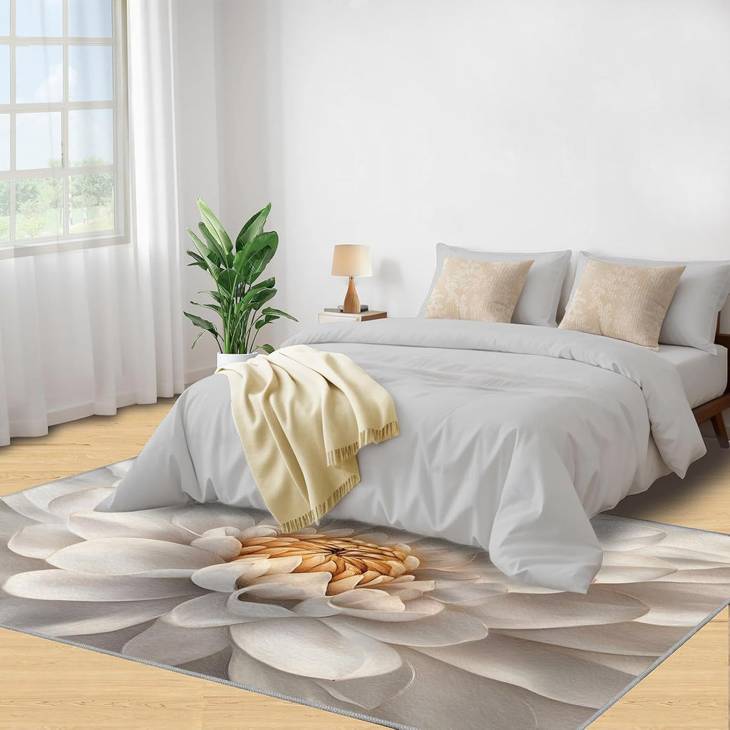 Dahlia Area Rug Large - 6x8 Rug, Floral Rugs for Living Room, White Flower Carpet, Modern Floral Washable Area Rugs for Bedroom, Aesthetic Carpet, Dahlia Home Decor