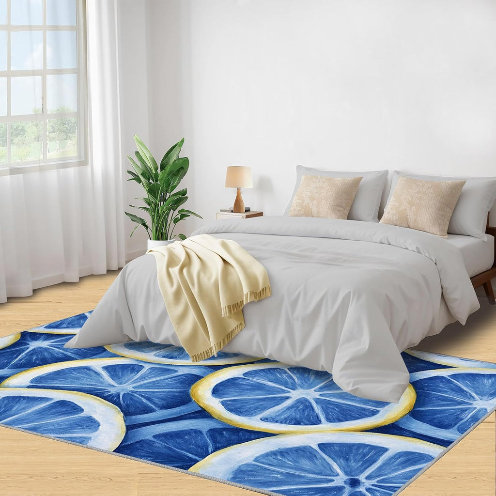 Lemon Area Rug - 6x9 Rug, Blue Lemon Rugs for Living Room, Summer Washable Rugs for Bedroom, Non Slip & Low Pile, Indoor Carpet & Home Decor