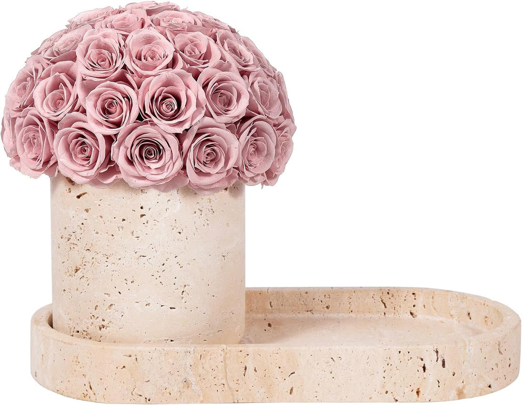 JoyFlower Preserved Flowers Vase, Yellow Travertine Flower Vases & Travertine Tray, Eternal Flower Decorations for Party Home Living Room Bedroom Coffee Table, Decorative Flower Vase House Decor(Pink)