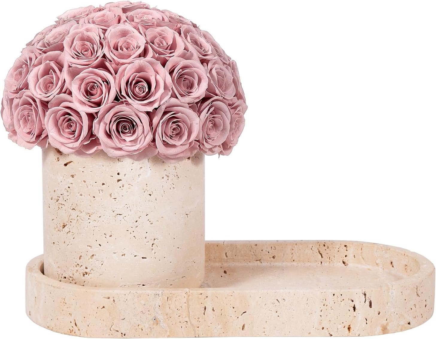 JoyFlower Preserved Flowers Vase, Yellow Travertine Flower Vases & Travertine Tray, Eternal Flower Decorations for Party Home Living Room Bedroom Coffee Table, Decorative Flower Vase House Decor(Pink)