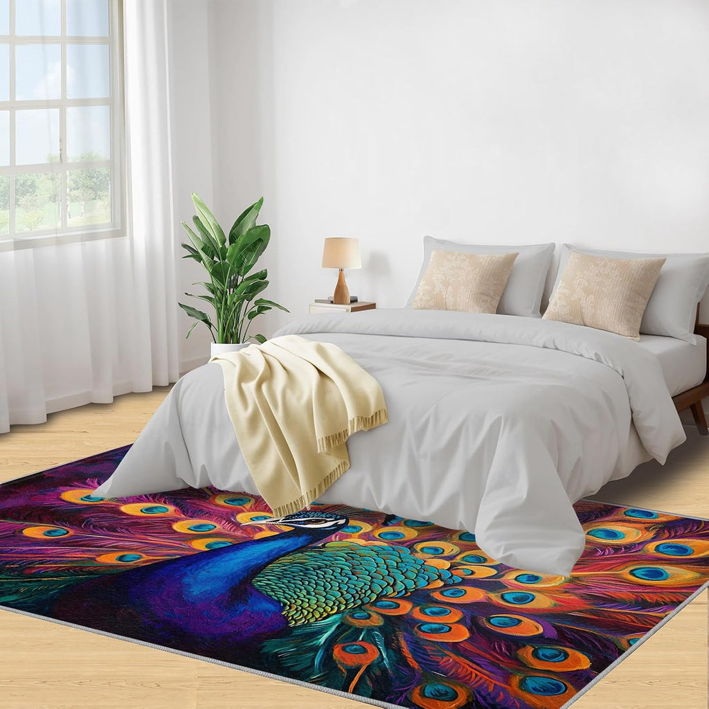 Peacock Rug 6x8-6x8 Rug, Purple Feather Area Rugs for Living Room Bedroom, Bird Area Carpet, Animal Washable Carpet, Peacock Home Decor & Gifts