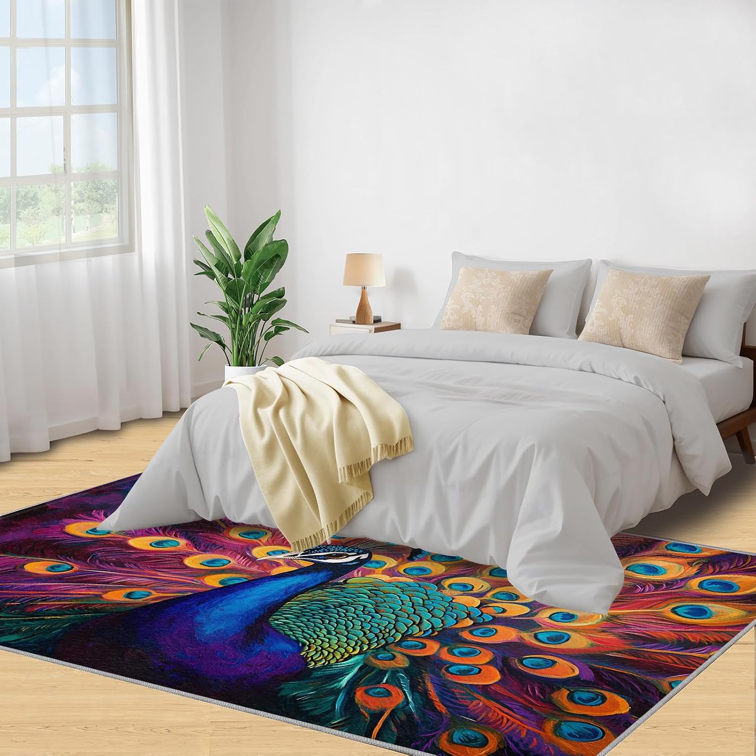 Peacock Rug 6x8-6x8 Rug, Purple Feather Area Rugs for Living Room Bedroom, Bird Area Carpet, Animal Washable Carpet, Peacock Home Decor & Gifts