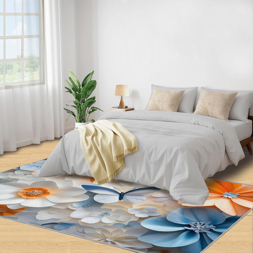 Flowers Rug 6x8, Butterfly Rugs for Bedroom, Relief Flowers Rugs for Living Room, Washable Area Rug for Boys Girls Room, Non Slip & Low Pile Carpet