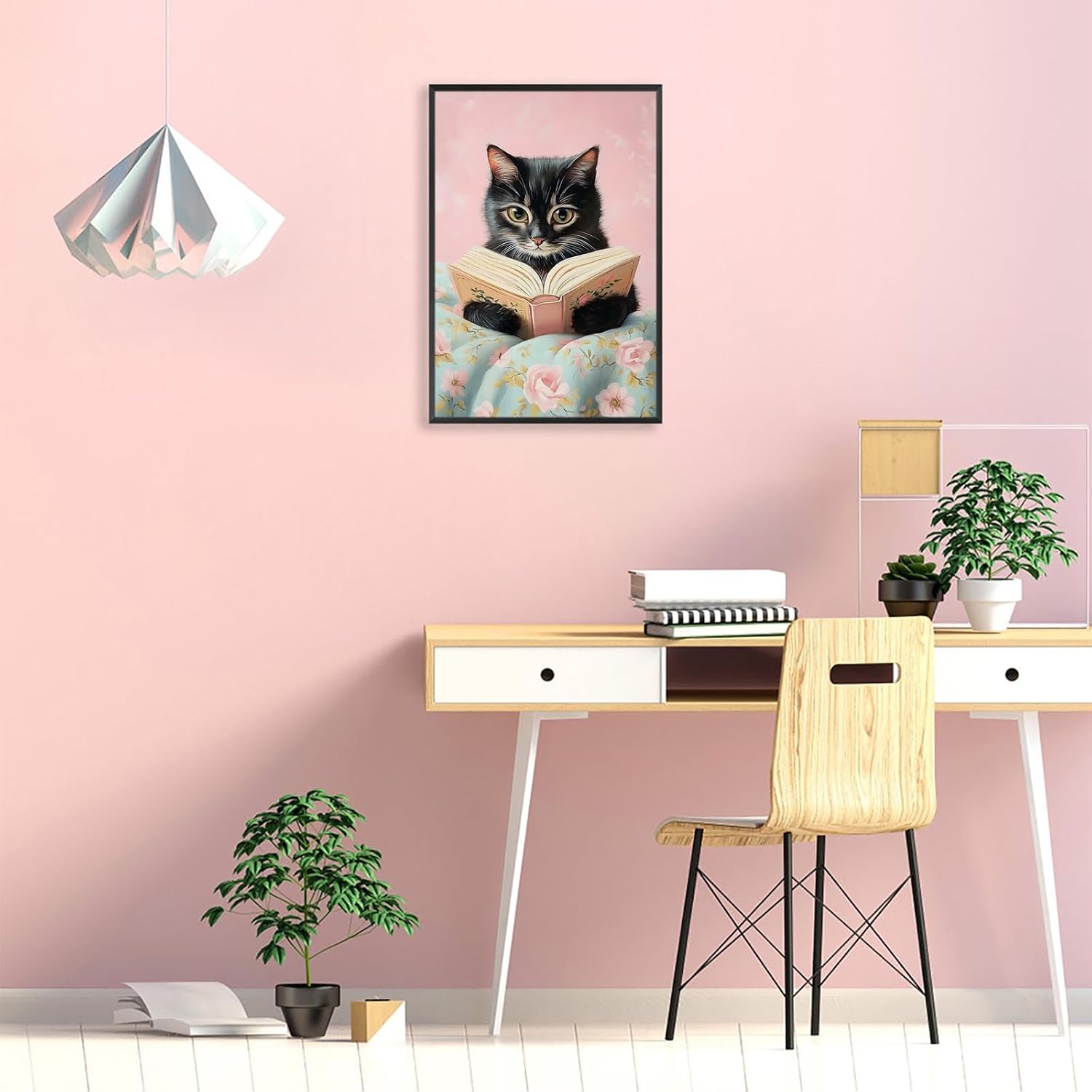 Vintage Cute Cat Canvas Wall Art Funny Cat Covered With Quilt Reading A Book Poster Trendy Cat Lovers Animal Aesthetic Prints Painting For Girls Room Bedroom Dorm Wall Decor 24x36in Framed