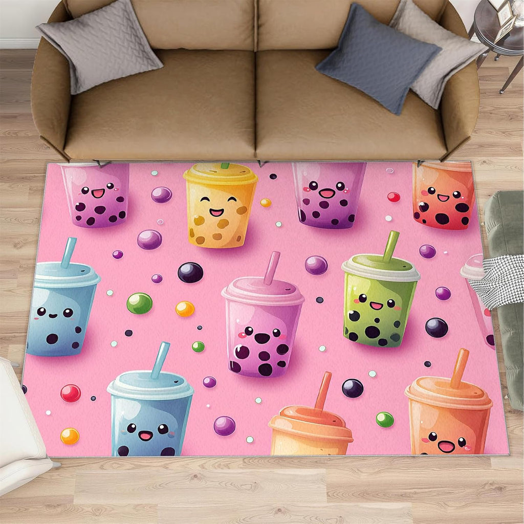 Pink Rugs for Living Room, Boba Print Rug, Cartoon Girl Washable Rugs for Bedroom, Low Pile & Non Slip, Indoor Carpet, 6x8 Area Rug & Home Decor