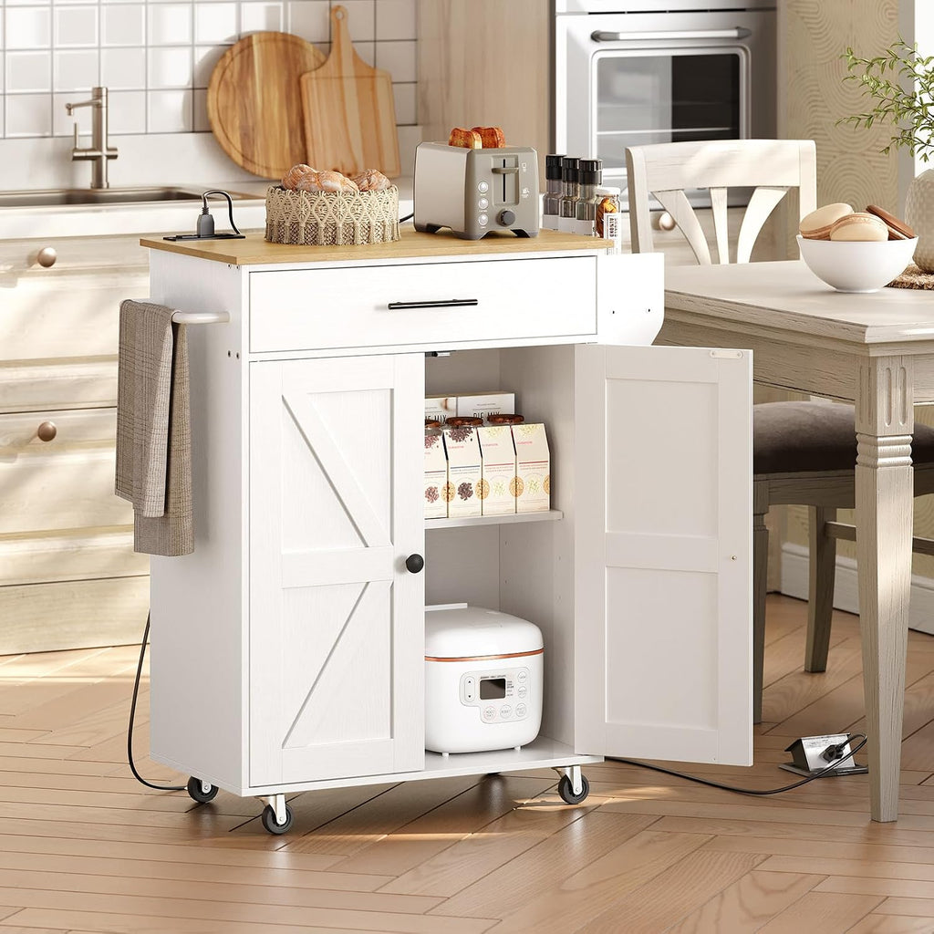 HOOBRO Kitchen Island and Kitchen Storage Island with Power Outlet, Rolling Kitchen Cart on Wheels, for Home, Kitchen and Dining Room, White and Natural WN82UZD01G1-WN88UZD01
