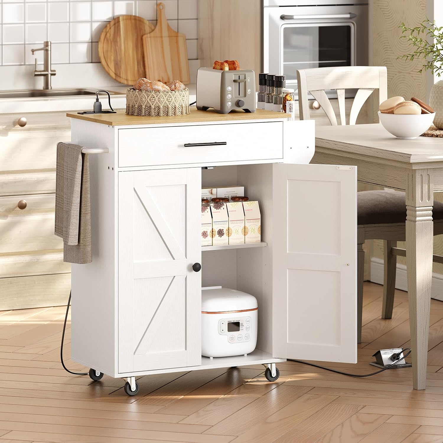 HOOBRO Kitchen Island and Kitchen Storage Island with Power Outlet, Rolling Kitchen Cart on Wheels, for Home, Kitchen and Dining Room, White and Natural WN82UZD01G1-WN88UZD01