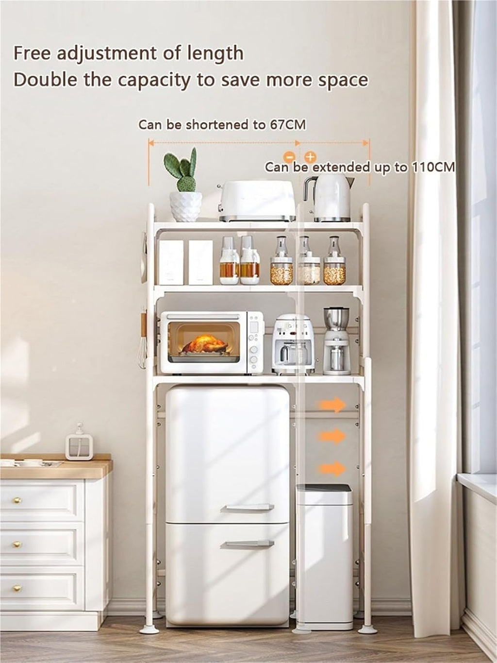 Mini Fridge Stand Storage Refrigerator Shelf 3 Tier Expandable Adjustable Height Microwave Stand Shelf Kitchen Bakers Rack for Refrigerators Below 1.2m Solid Construction(White)