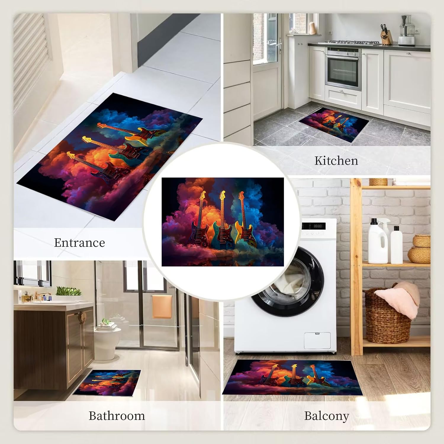 Area Rug 5' X 7' Washable Rugs Music Theme Area Rug Electric Guitar Smoke Soft Non-Slip Resistant Floor Carpets for Living Room Kids Room Home Office (Dark Blue)