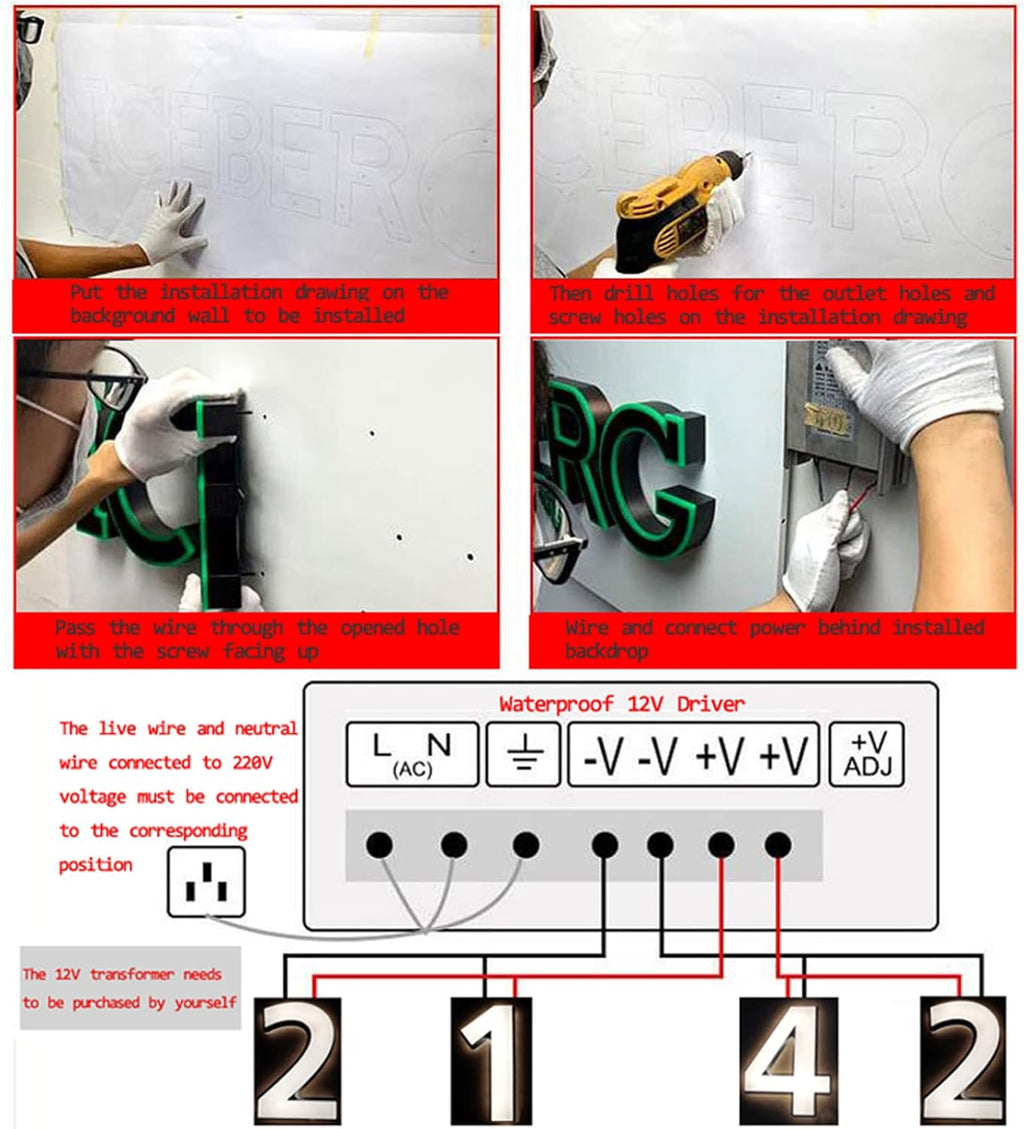 Personalised Backlit LED Address Number Plaques For Home, 18 Inch Illuminated Door Number Plaques For Wall, Customise Your House Numbers For Outside,C