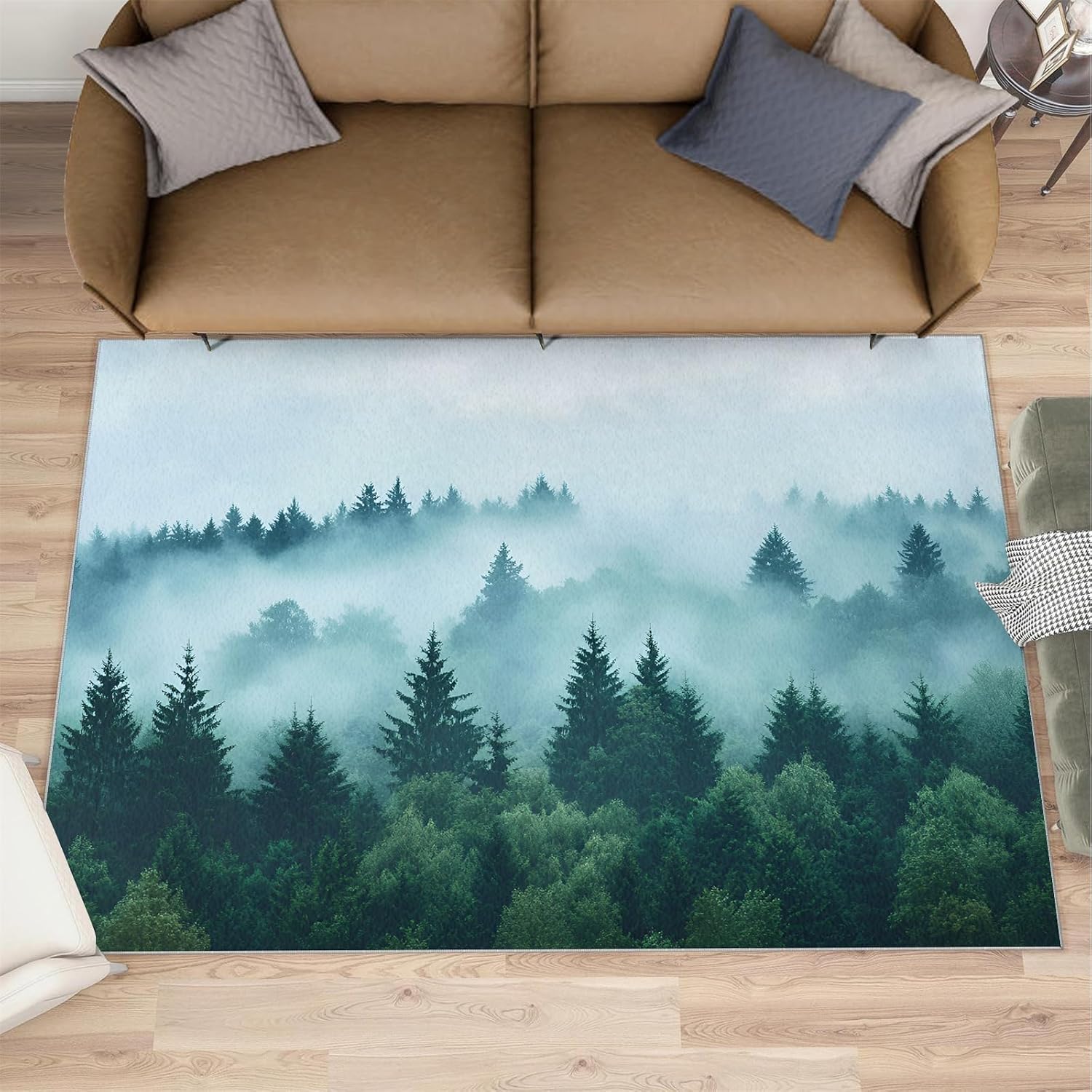 Forest Rugs for Bedroom, Misty Forest Rug 6x8, Natural Scenery Dining Room Rugs Washable & Non Slip Large Carpet for Home Decor