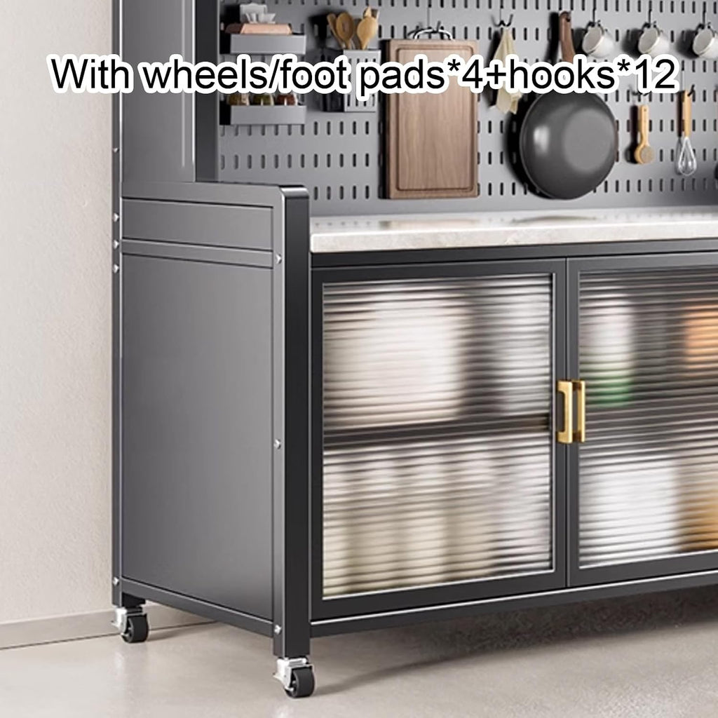 Bakers Rack with Storage Shelves, Coffee Bar with Cabinet, Kitchen Pantry Hutch, Expanded Space, with Wheels(White,100cm)