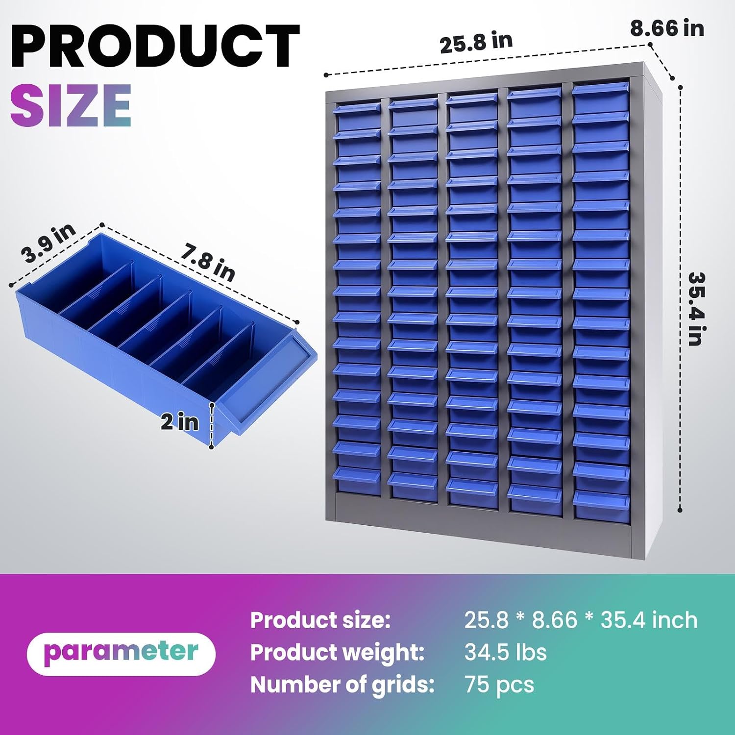 75-Drawer Small Part Organizer with 5 Dividers & 2 Labels Per Drawer, Nut and Bolt Organizer with Rear Stops, Rust Prevention & Corrosion Resistant Part Cabinet for Mechanics (75-Drawer)