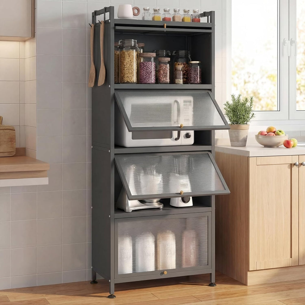 LDAILY 5-Tier Kitchen Storage Cabinet, Mobile Microwave Stand with Metal Frame, Double Anti-toppling Device, 4 Rolling Casters, Freestanding Bakers Rack for Kitchen, Dining Room, Living Room (Grey)