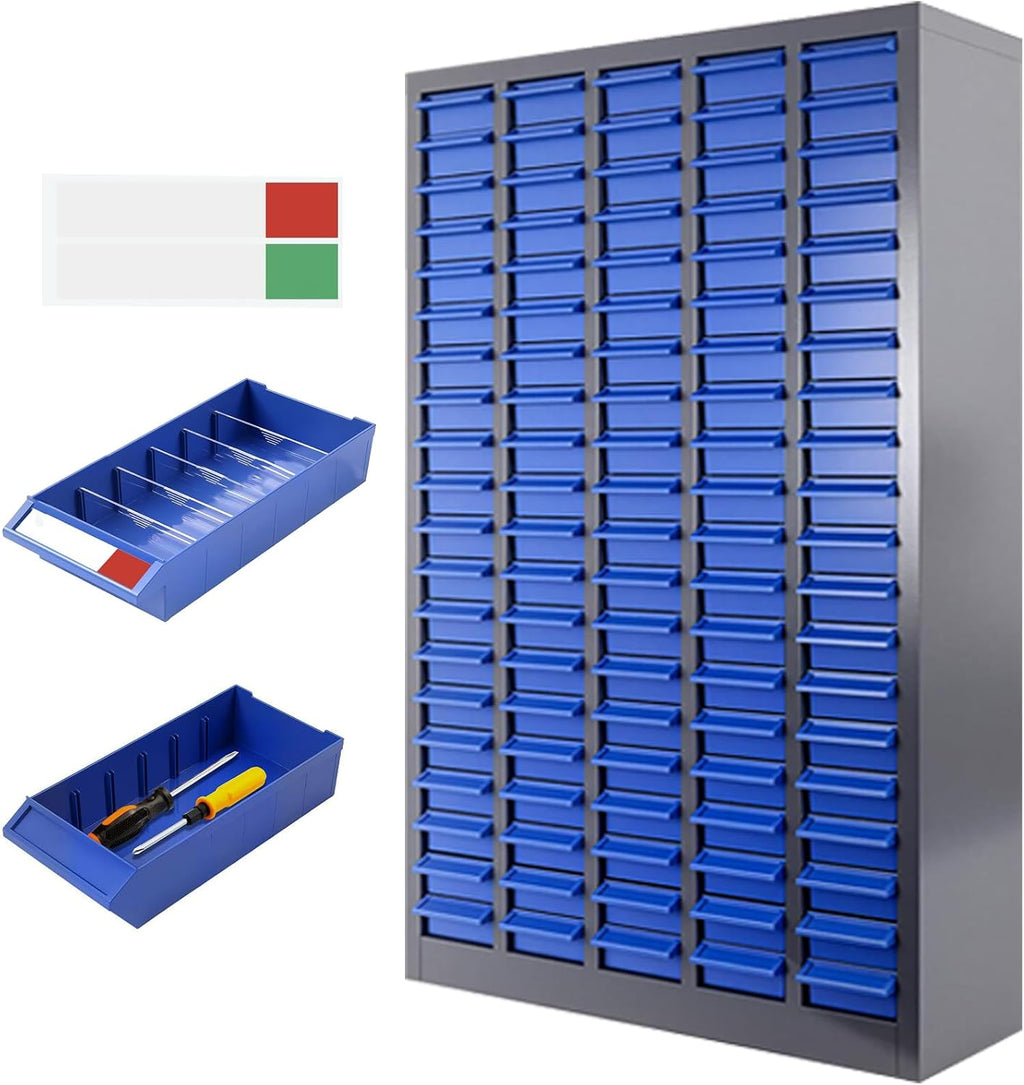 Parts Cabinet 100 Drawers with Dividers and Labels,Stainless Steel Bolt Box Organizer,ABS Material Drawer,26' x 8.66' x 46' Nuts and Bolts Organizer for Store, Toys, Parts,Screws (Classic 100 Drawers)