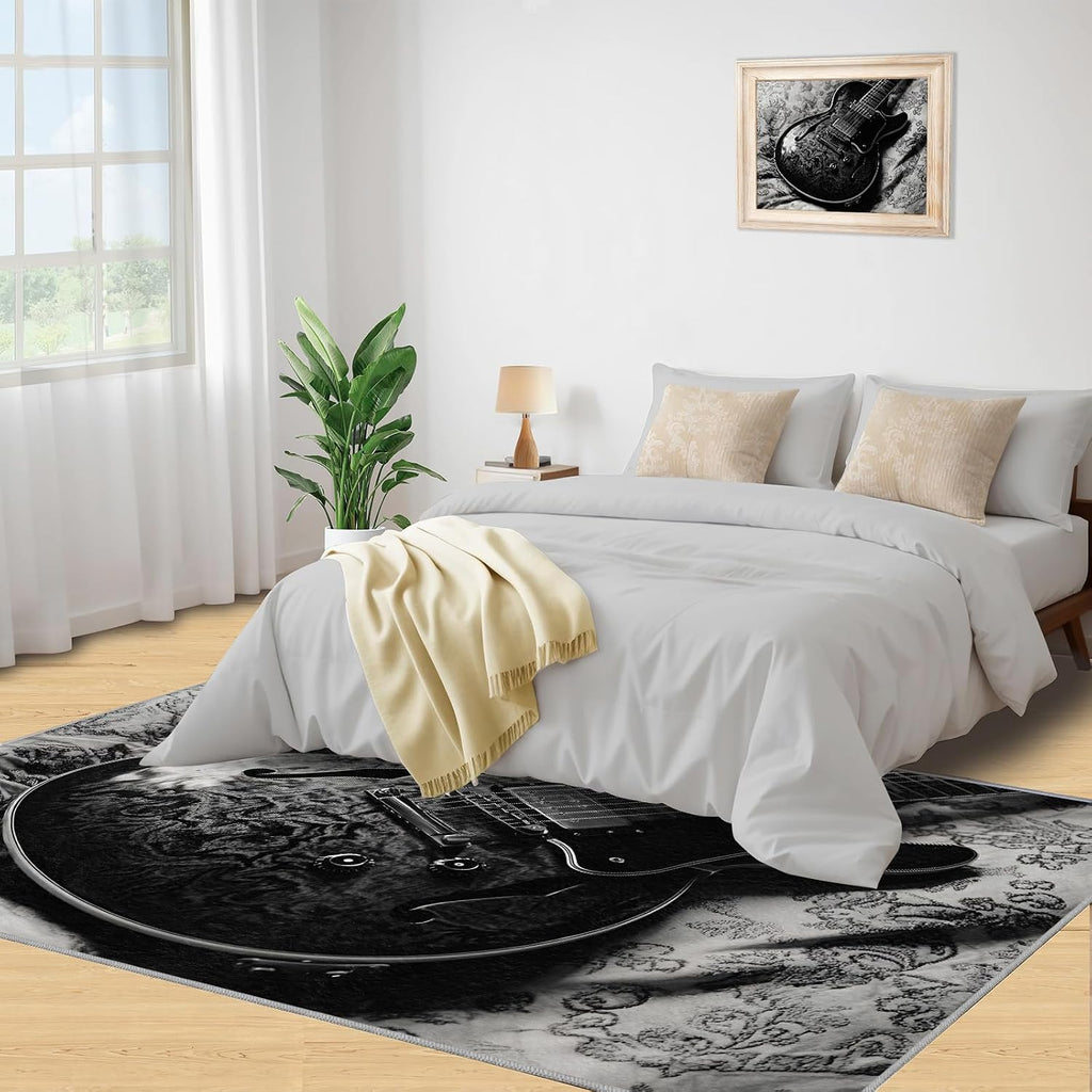 Black Guitar Rug for Bedroom 6x8 Rug Vintage Guitar Rugs, Music Instrument Home Decor, Non Slip Washable Large Rugs, Rock Music Carpet for Boys and Girls Teen Playroom