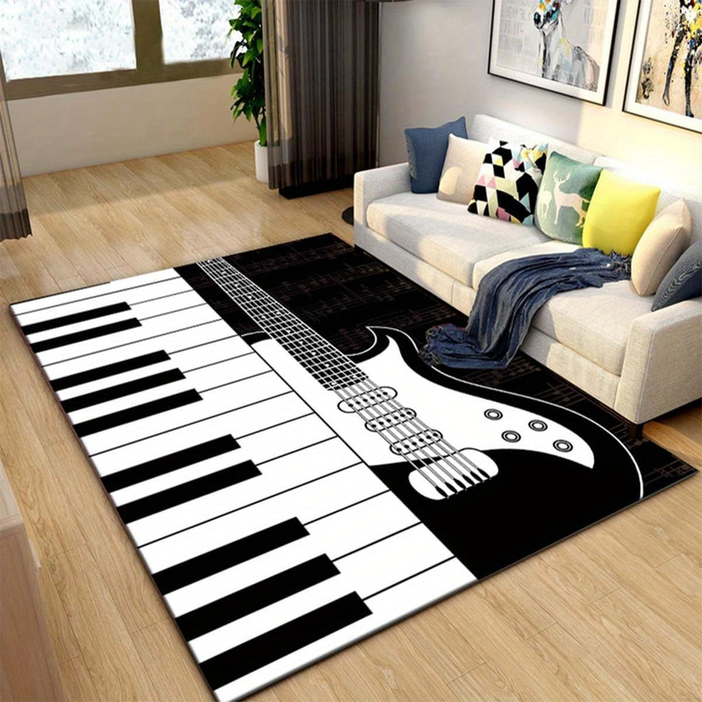 Musical Instrument Area Carpet, 6x8ft, Black White Piano Guitar Music Note Bedroom Rug, Low Pile Non-Shedding Pet Friendly Rugs, Reduce Noise Soft Cozy Floor Carpet for Sofa Dorm