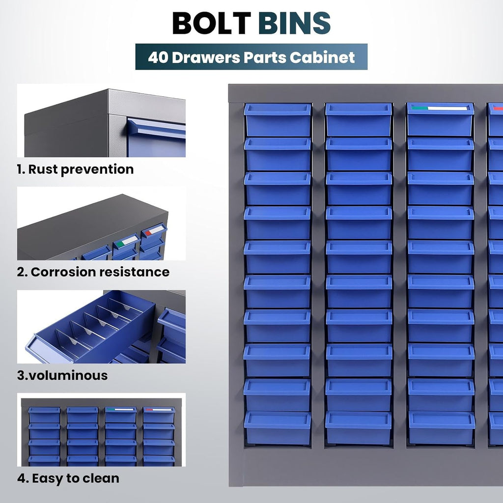 40 Drawers Nut and Bolt Organizer with Label, Opaque ABS Plastic Industrial Organizer with Labels, for Garage Workshop Craft Art Hobby