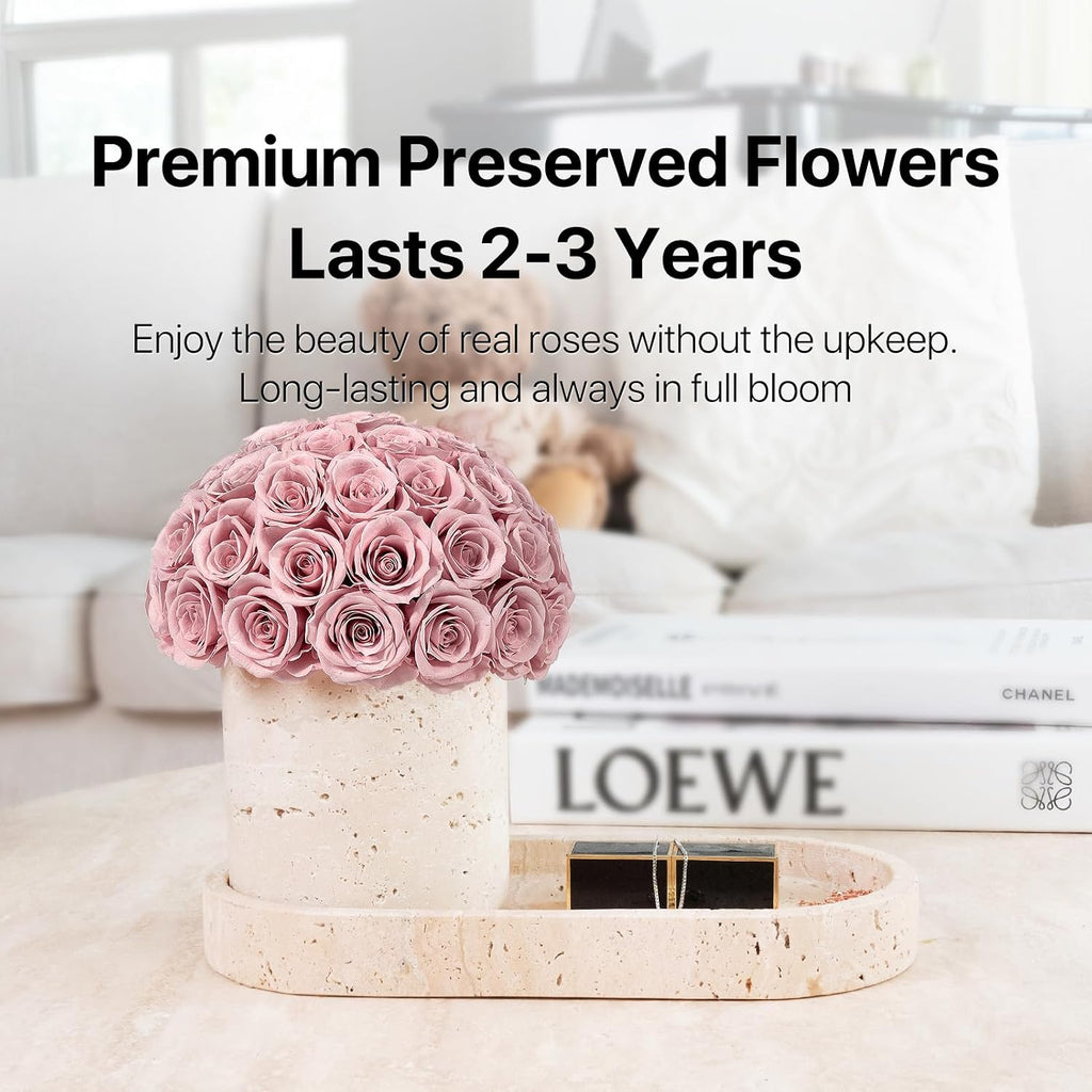 JoyFlower Preserved Flowers Vase, Yellow Travertine Flower Vases & Travertine Tray, Eternal Flower Decorations for Party Home Living Room Bedroom Coffee Table, Decorative Flower Vase House Decor(Pink)