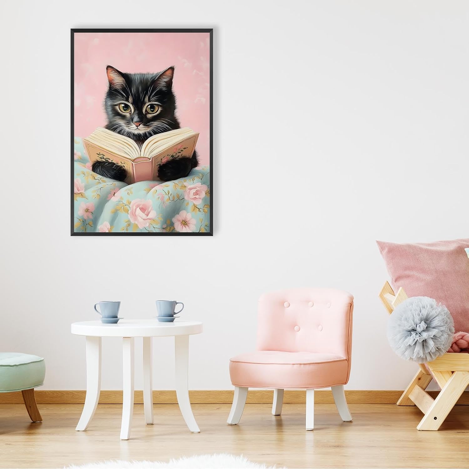 Vintage Cute Cat Canvas Wall Art Funny Cat Covered With Quilt Reading A Book Poster Trendy Cat Lovers Animal Aesthetic Prints Painting For Girls Room Bedroom Dorm Wall Decor 24x36in Framed