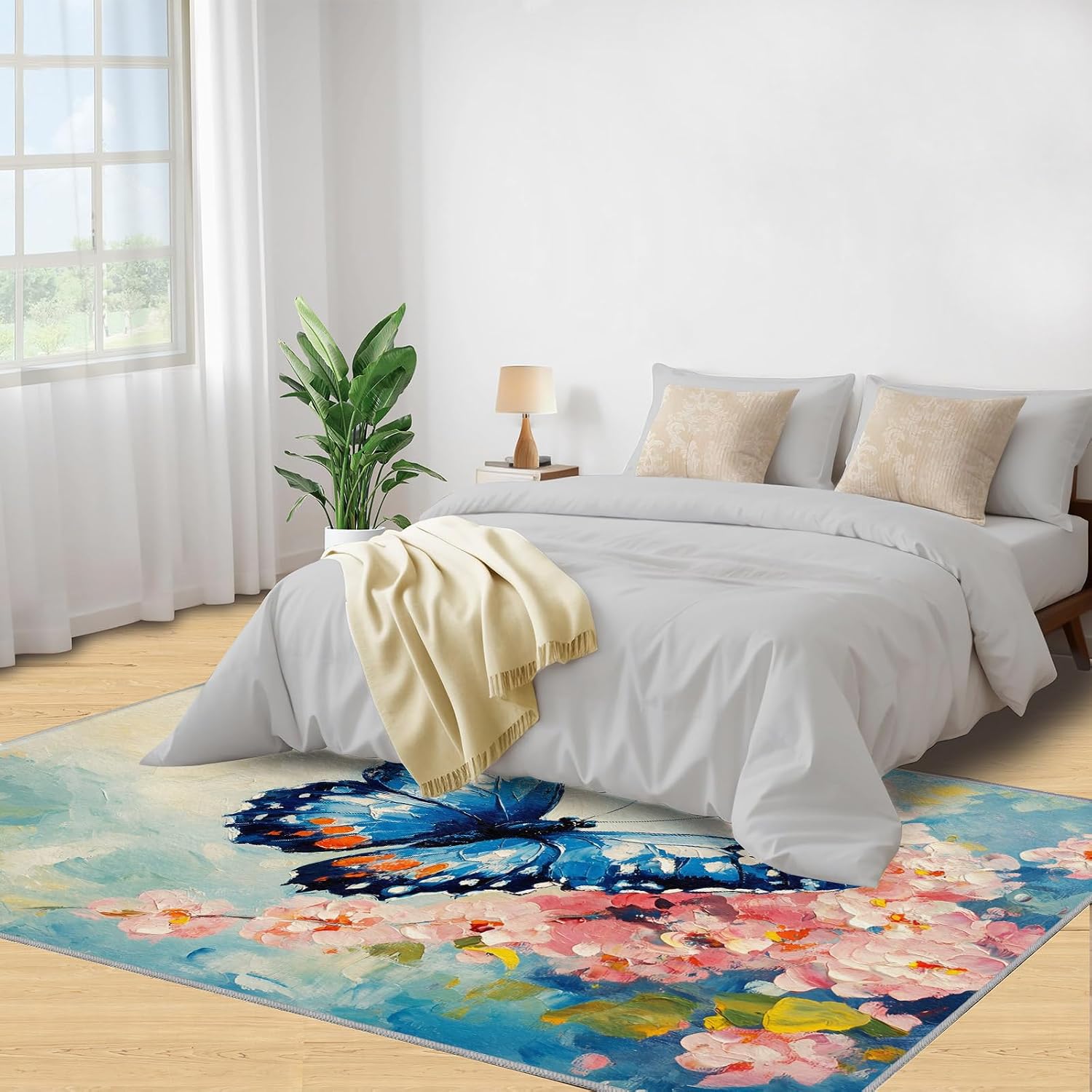 Blue Butterfly Rug 6x8 - Florals Oil Painting Large Rugs for Living Room, Flowers Carpet Area Rug for Girls Bedroom Kids Room Basement Office Classroom
