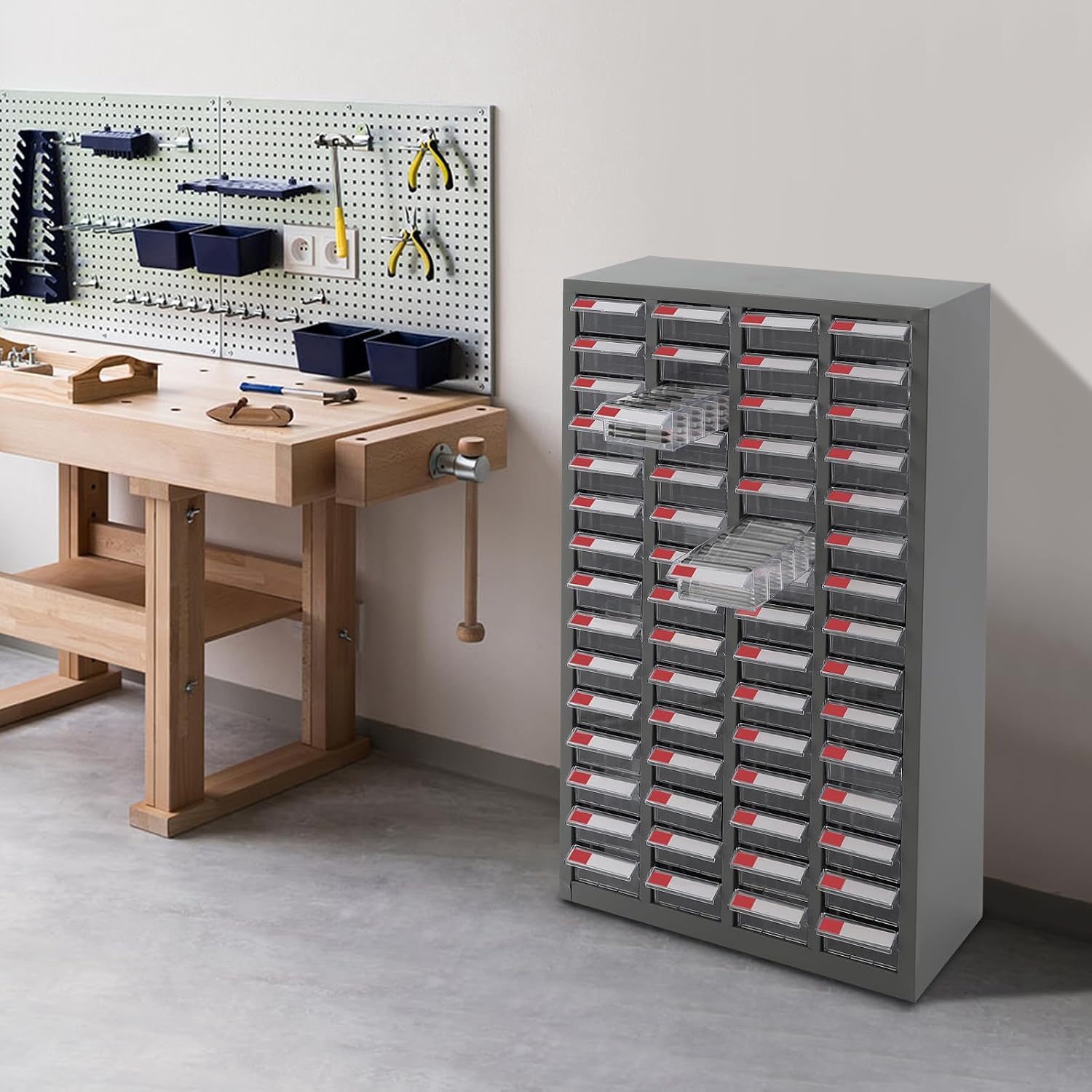60 Drawers Bolt and Nut Tool Storage Cabinet Parts Cabinet Hardware Organization Shelves Bolts Bin Tool with Label Slots for Tool Hardware Storage, 23.6' W x 9.4' D x 45.6' H