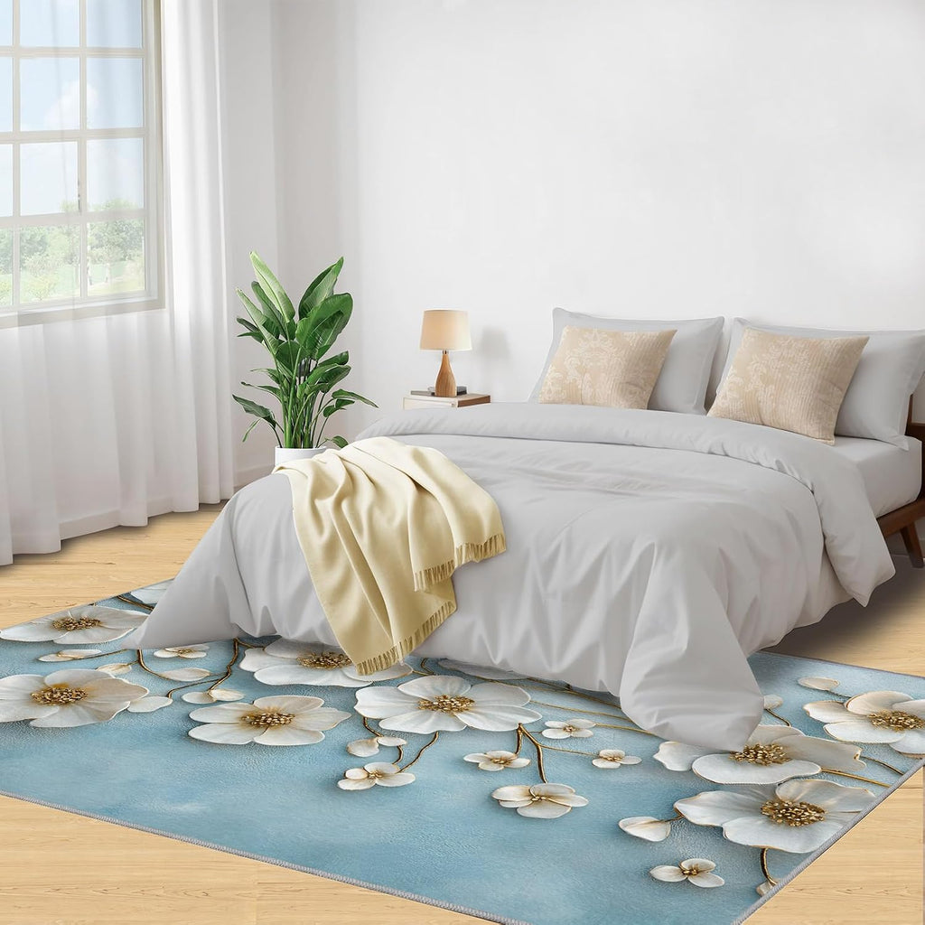 Florals Relief Area Rug 6x8 - White Florals Large Rugs for Living Room, Simple Flowers Carpet Area Rug for Girls Bedroom Kids Room Basement Office Classroom