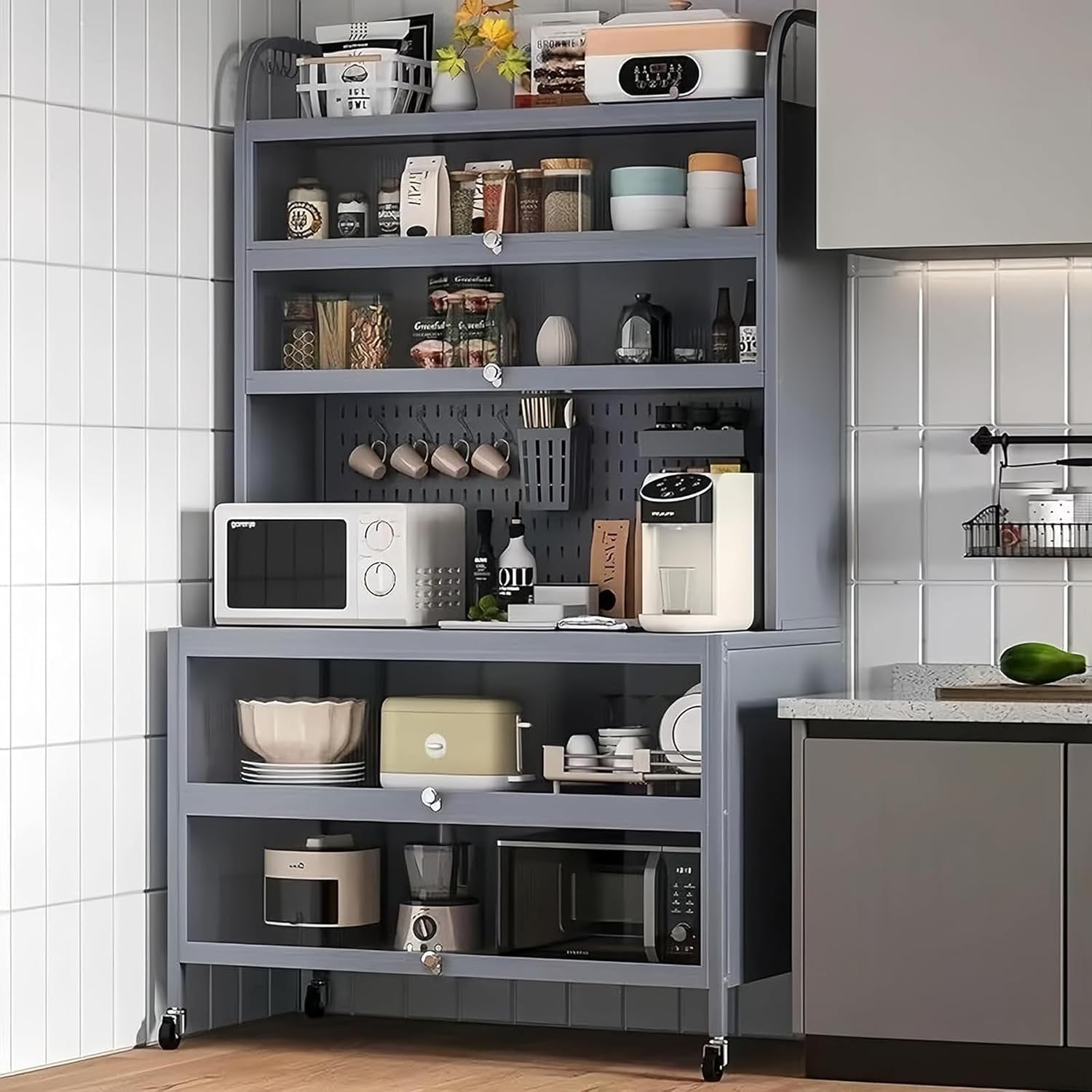 Bakers Rack with Storage, 5-Tier Microwave Stand, Lkitchen Organizers and Storage Rack, for Garage Pantry Home Kitchen Spices, Pots, and Pans Floating Shelves