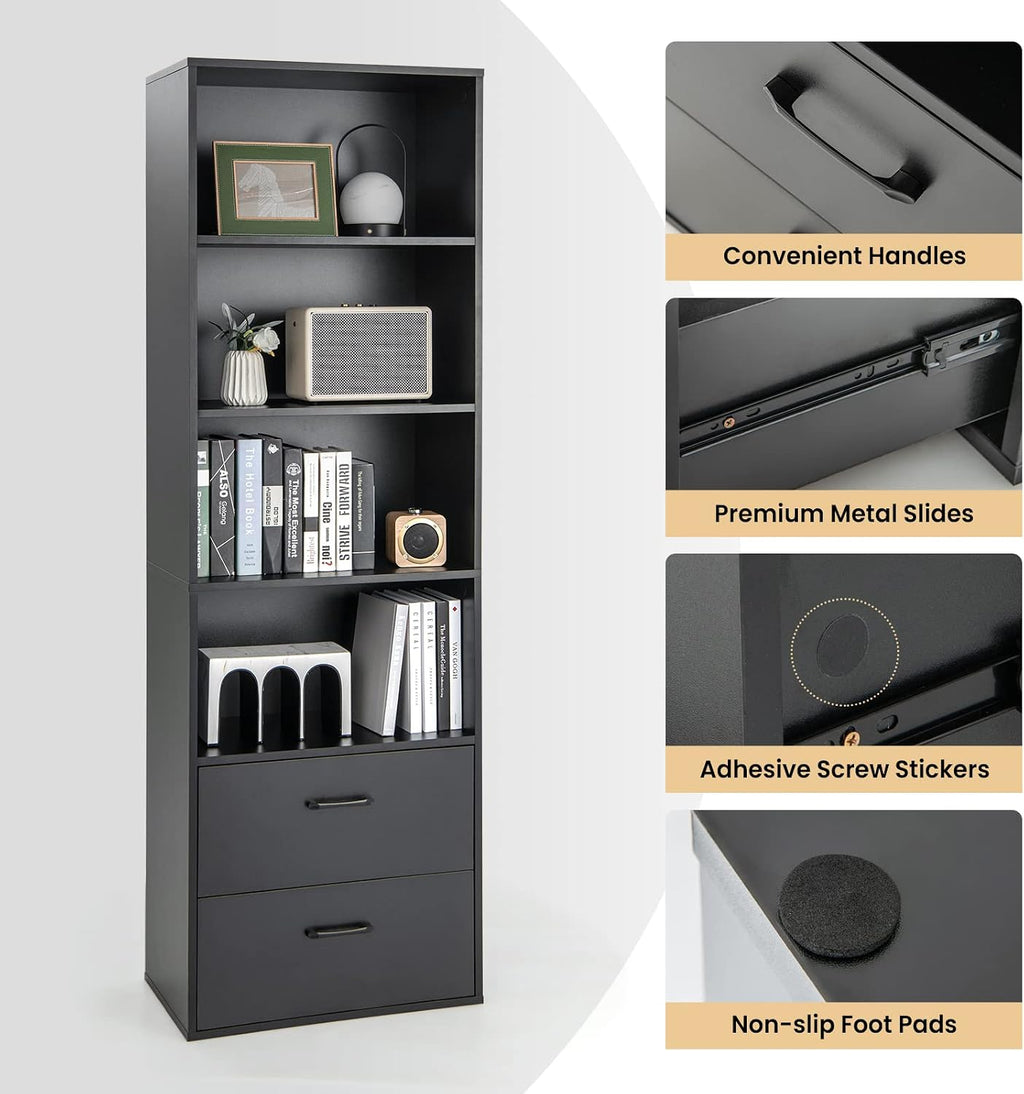 LOKO 74 Inches Tall Bookcase, 6-Tier Modern Tall Storage Cabinet with 2 Drawers & 4 Open Shelves, Freestanding Wooden Bookshelf with Anti-toppling Devices for Living Room, Study, Home Office (Black)